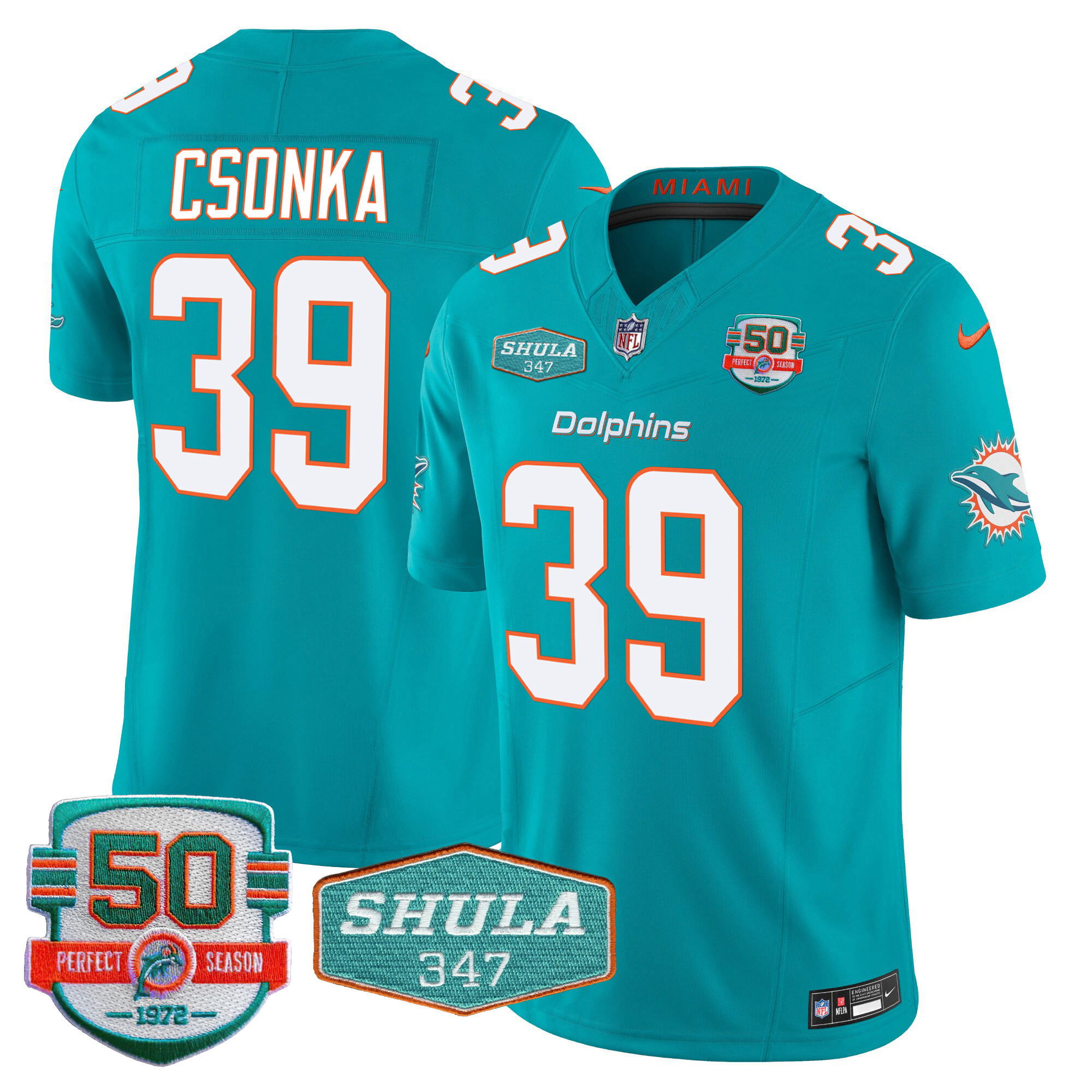 Larry Csonka Men's Miami Dolphins Shula 347 Patch Vapor Limited Aqua Jersey - All Stitched