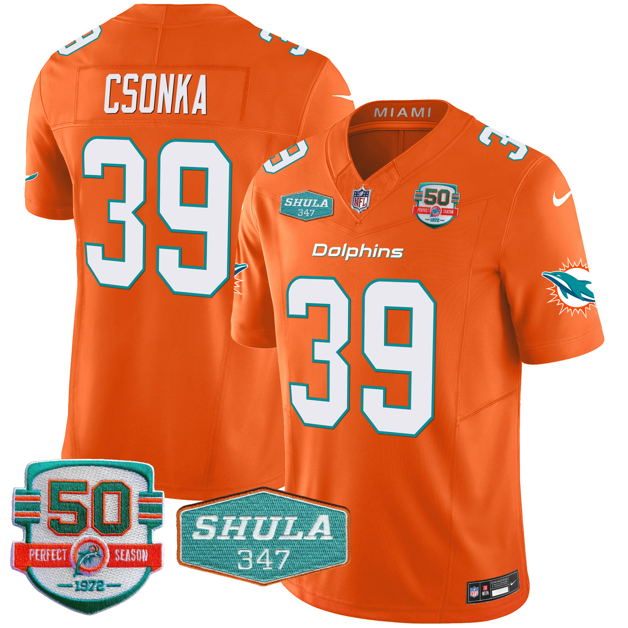 Larry Csonka Men's Miami Dolphins Shula 347 Patch Vapor Orange Jersey - All Stitched