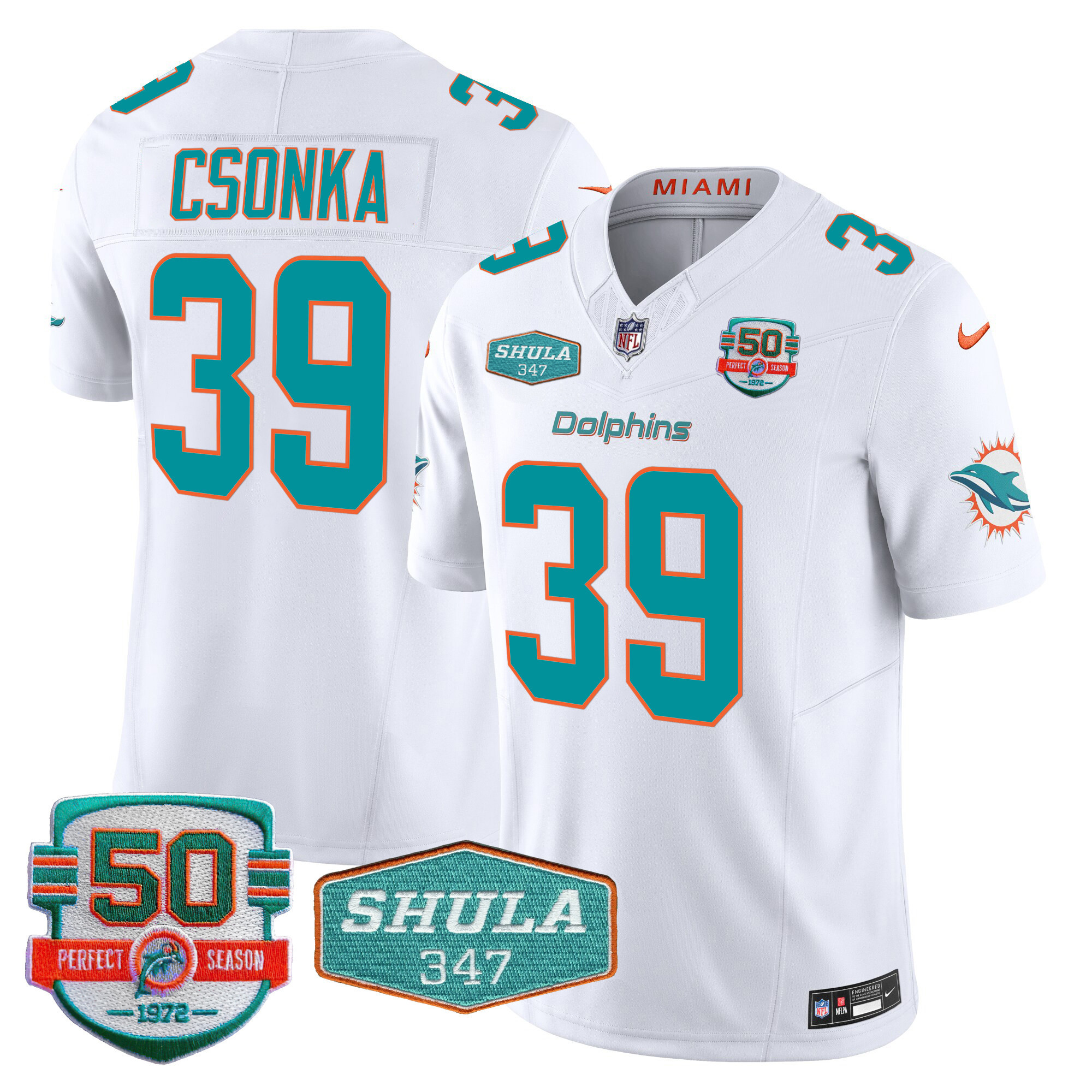 Larry Csonka Men's Miami Dolphins Shula 347 Patch Vapor White Jersey - All Stitched