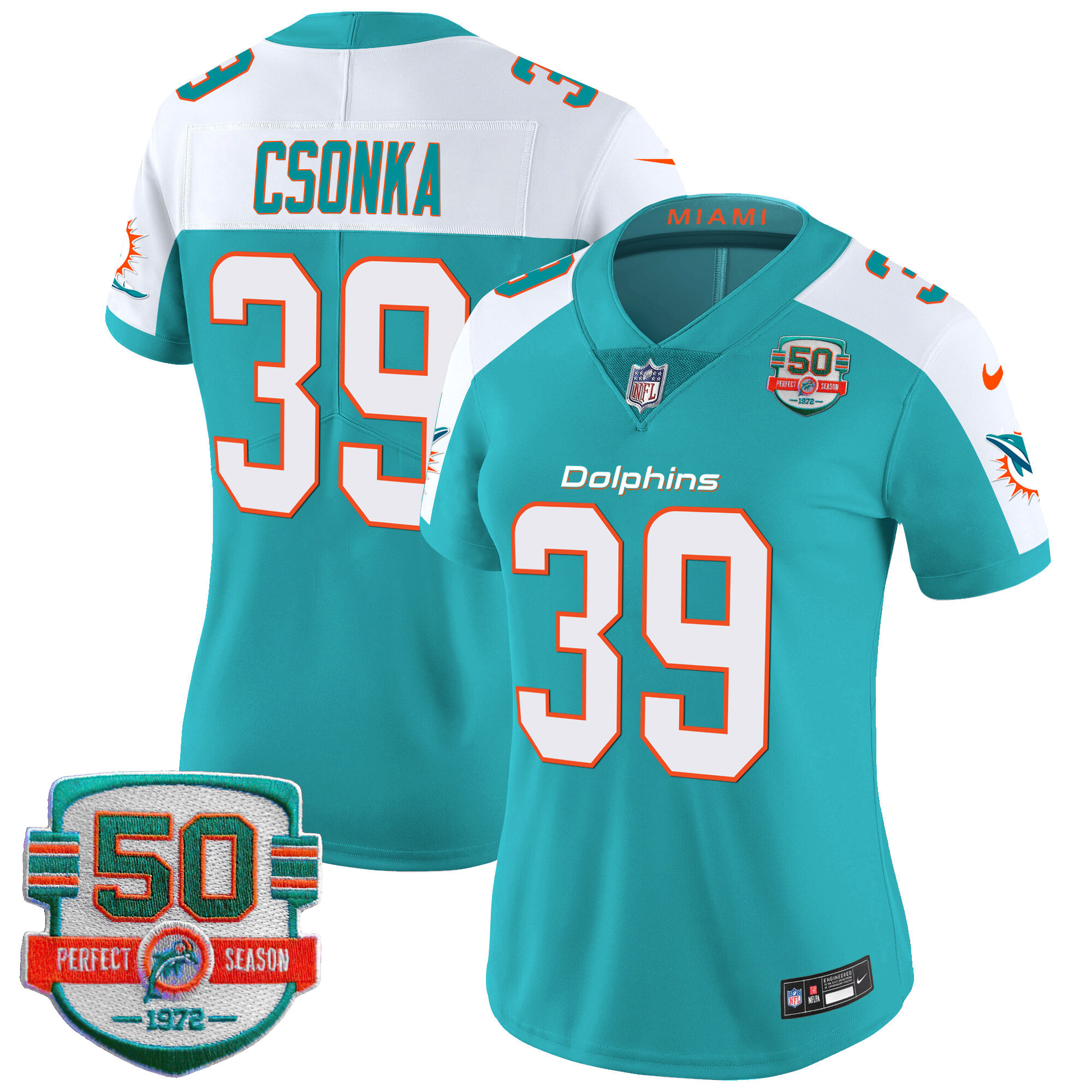 Larry Csonka Women's Miami Dolphins 50th 1972 Perfect Season Patch Vapor Aqua Alternate Jersey - All Stitched