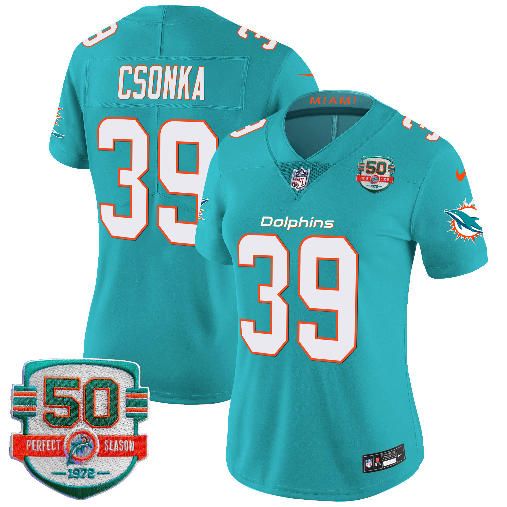 Larry Csonka Women's Miami Dolphins 50th 1972 Perfect Season Patch Vapor Aqua Jersey - All Stitched
