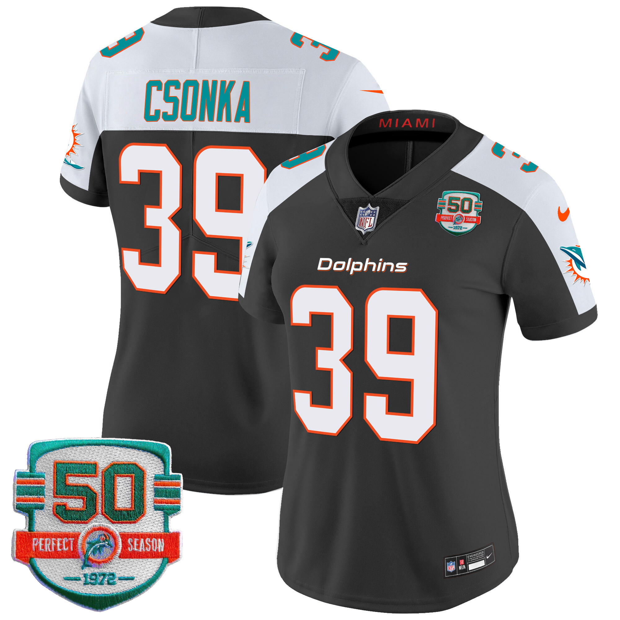 Larry Csonka Women's Miami Dolphins 50th 1972 Perfect Season Patch Vapor Black Alternate Jersey - All Stitched