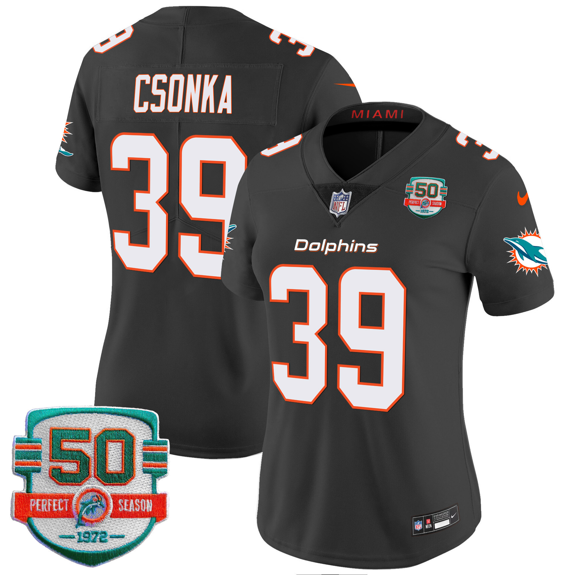 Larry Csonka Women's Miami Dolphins 50th 1972 Perfect Season Patch Vapor Black Jersey - All Stitched