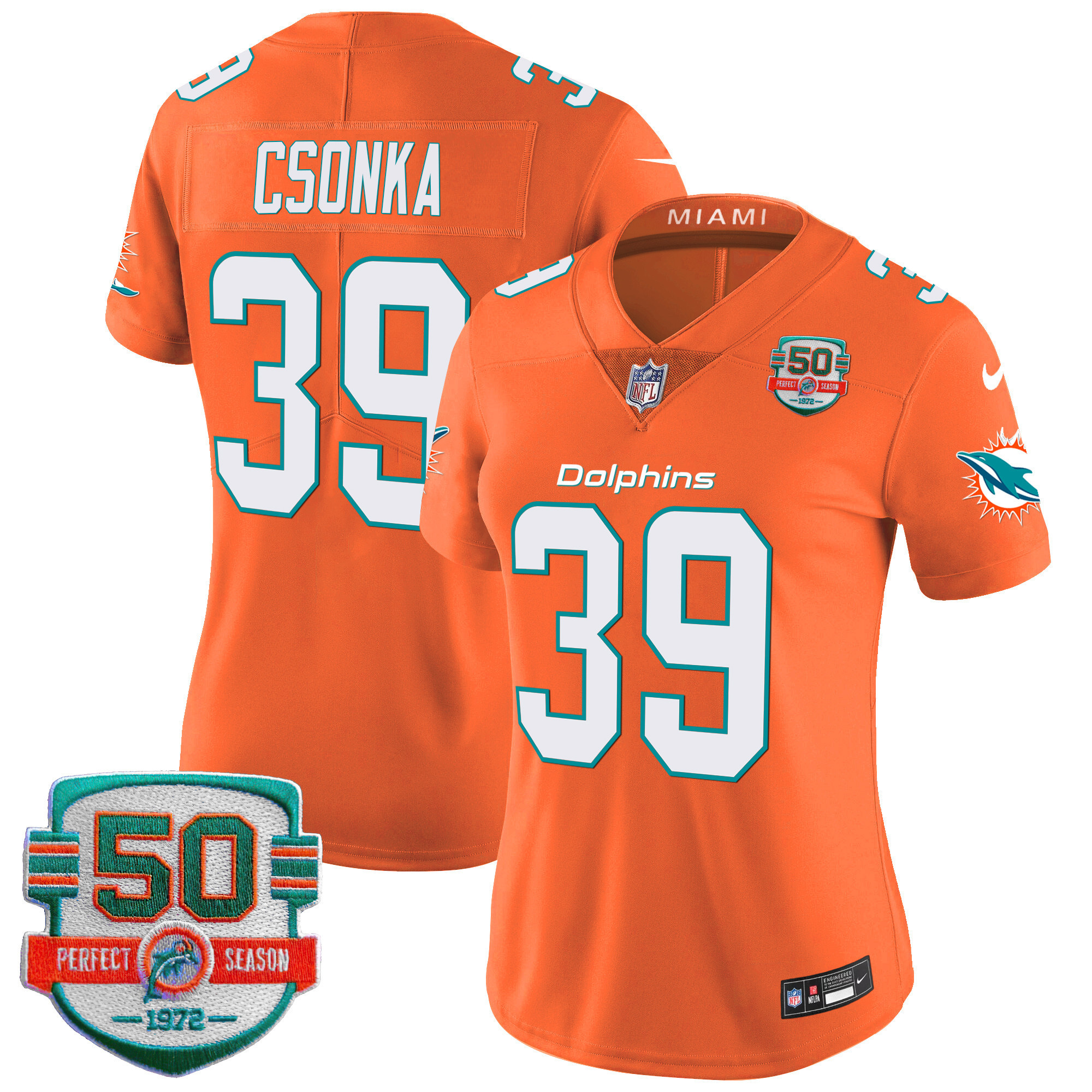 Larry Csonka Women's Miami Dolphins 50th 1972 Perfect Season Patch Vapor Orange Jersey - All Stitched