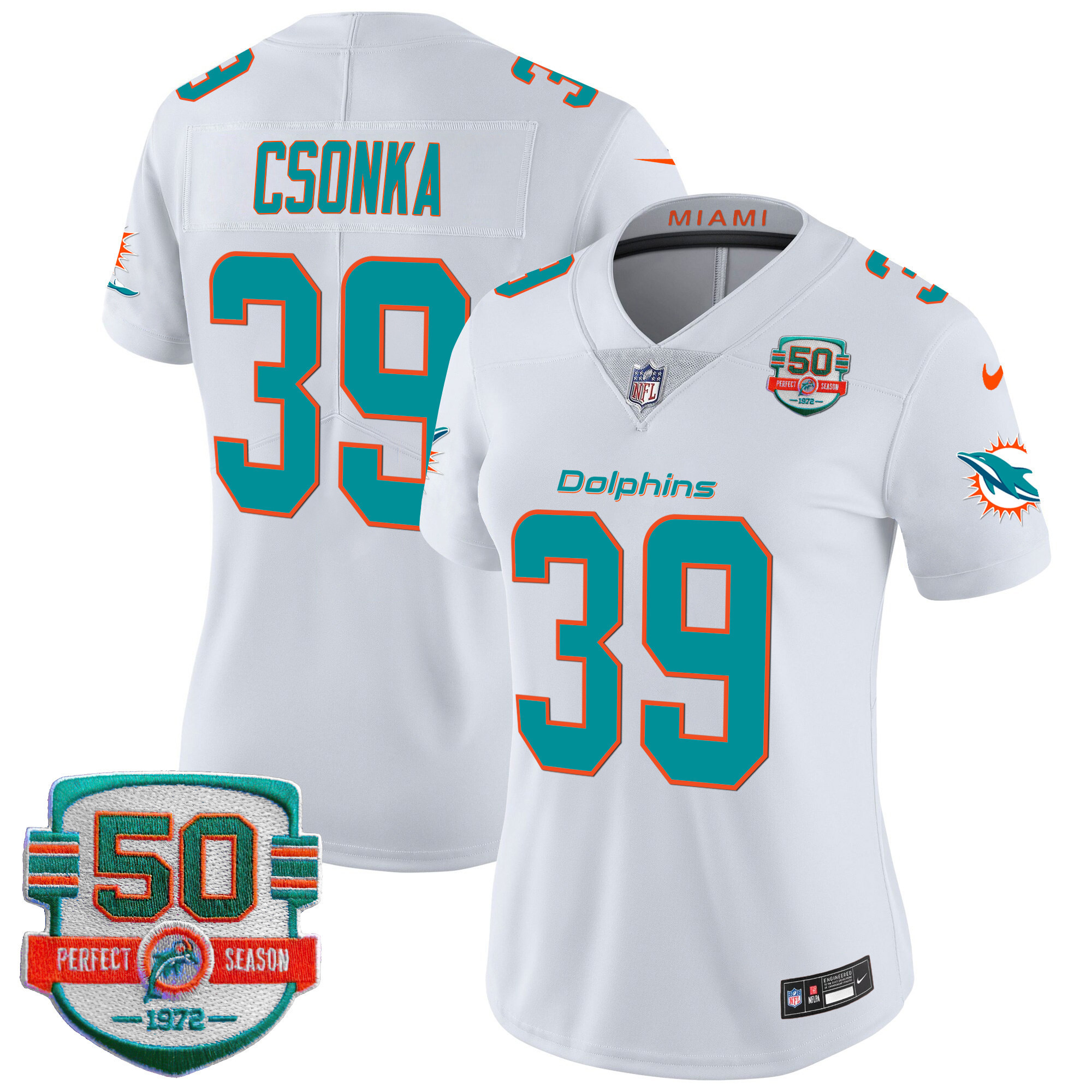Larry Csonka Women's Miami Dolphins 50th 1972 Perfect Season Patch Vapor White Jersey - All Stitched