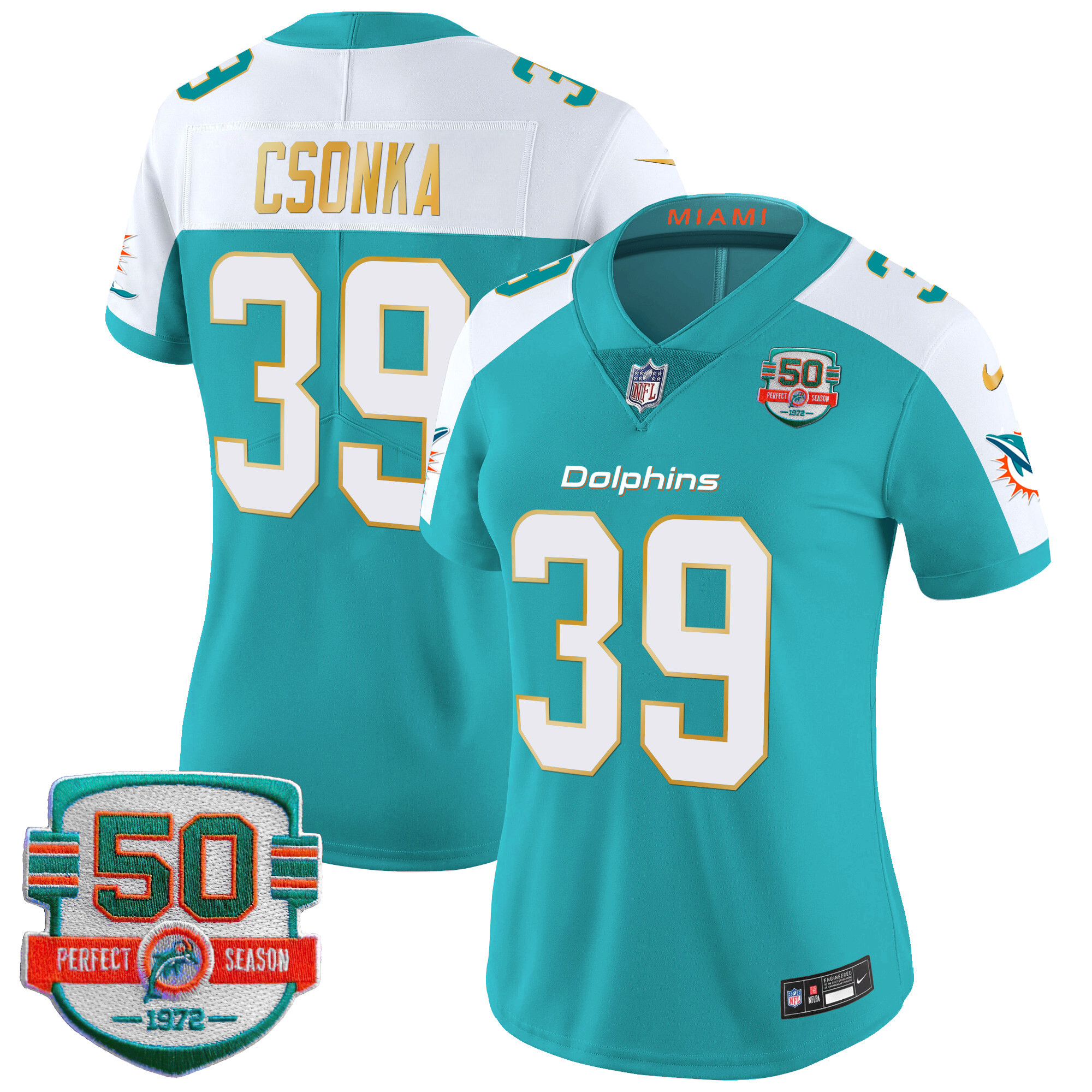 Larry Csonka Women's Miami Dolphins Gold Trim Vapor Limited Aqua Alternate Jersey - All Stitched
