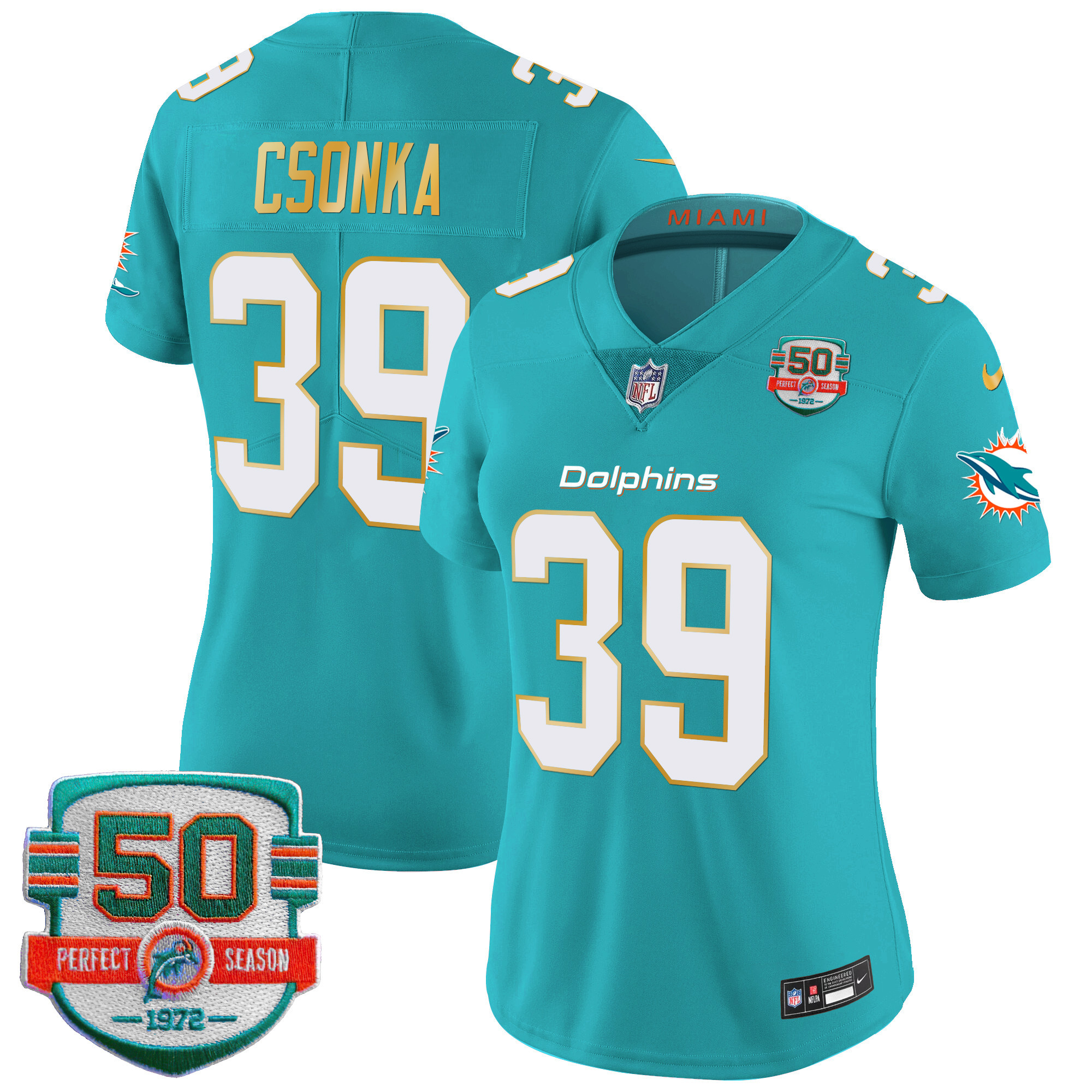 Larry Csonka Women's Miami Dolphins Gold Trim Vapor Limited Aqua Jersey - All Stitched