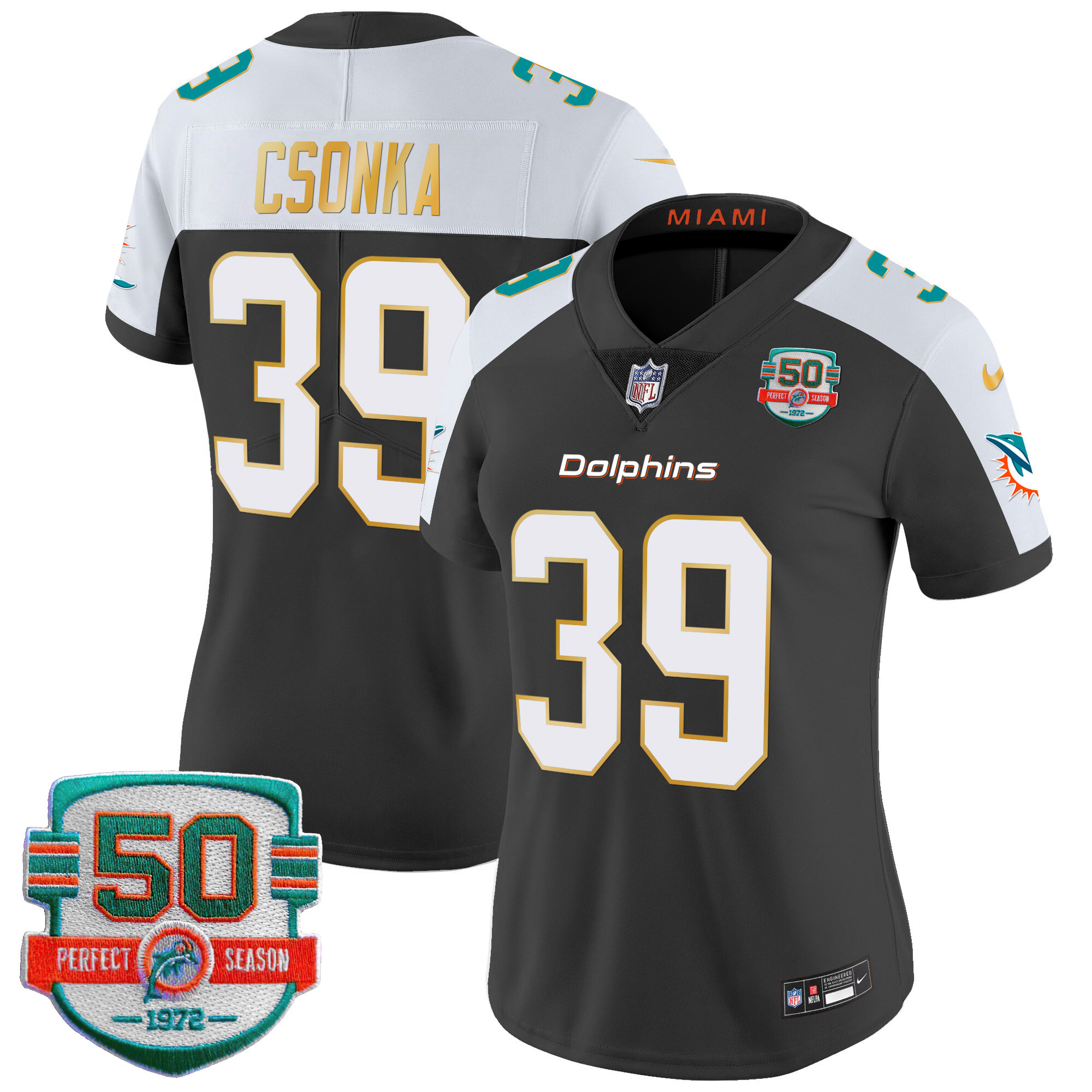 Larry Csonka Women's Miami Dolphins Gold Trim Vapor Limited Black Alternate Jersey - All Stitched