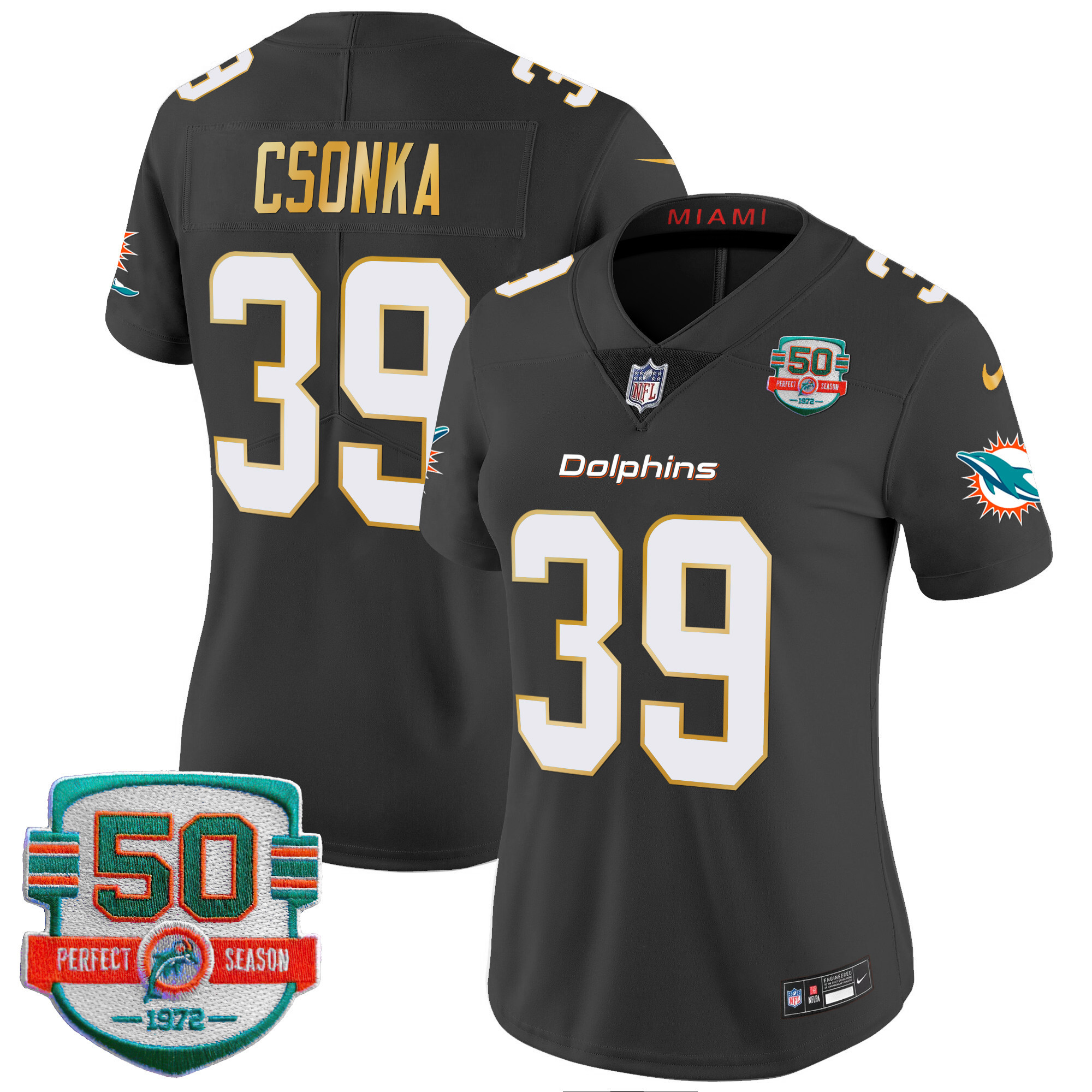 Larry Csonka Women's Miami Dolphins Gold Trim Vapor Limited Black Jersey - All Stitched