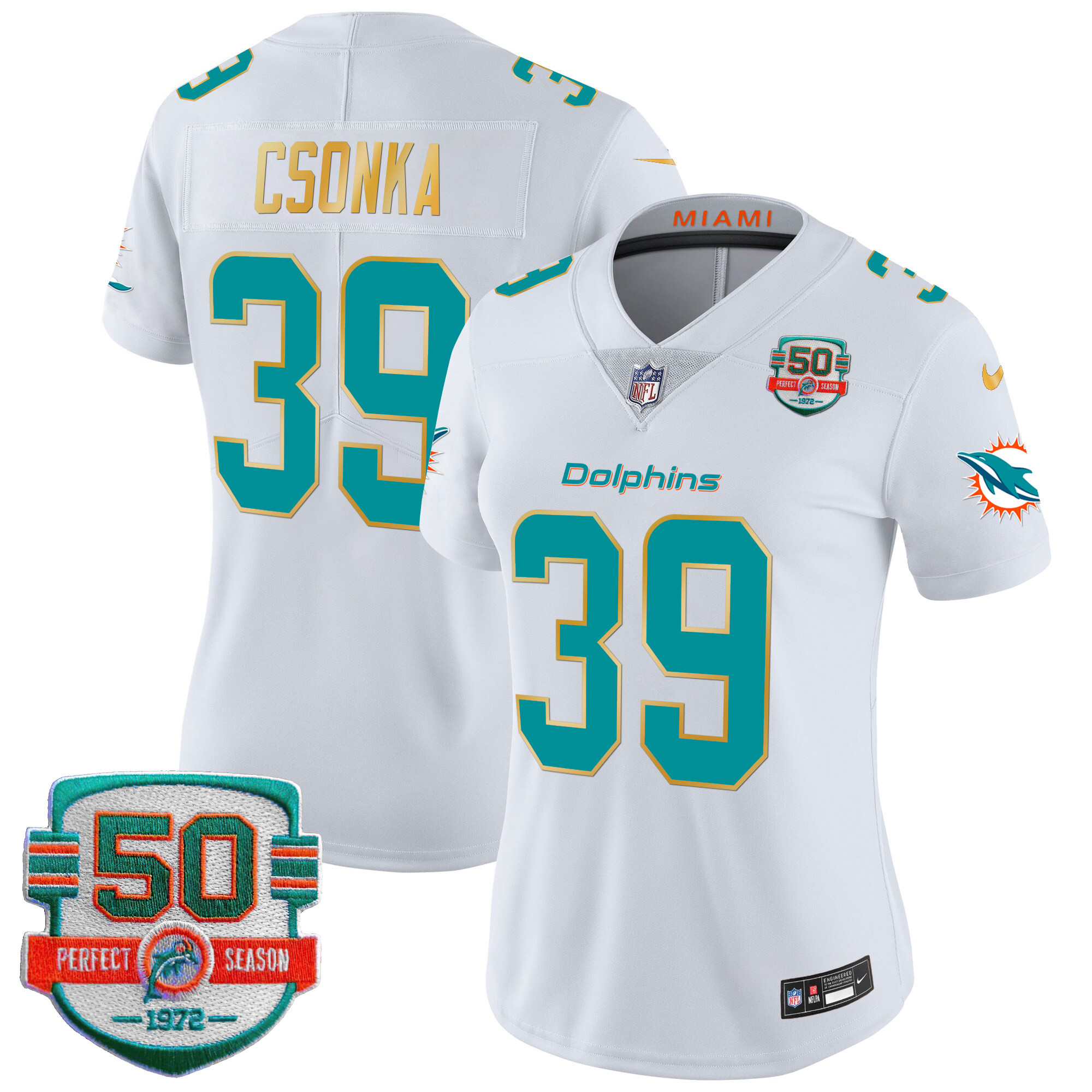 Larry Csonka Women's Miami Dolphins Gold Trim Vapor Limited White Jersey - All Stitched
