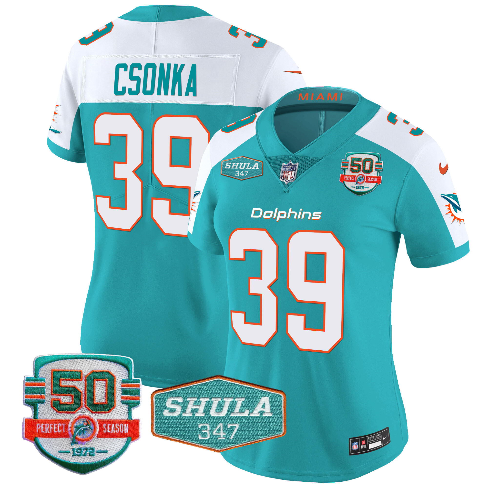 Larry Csonka Women's Miami Dolphins Shula 347 Patch Vapor Aqua Alternate Jersey - All Stitched
