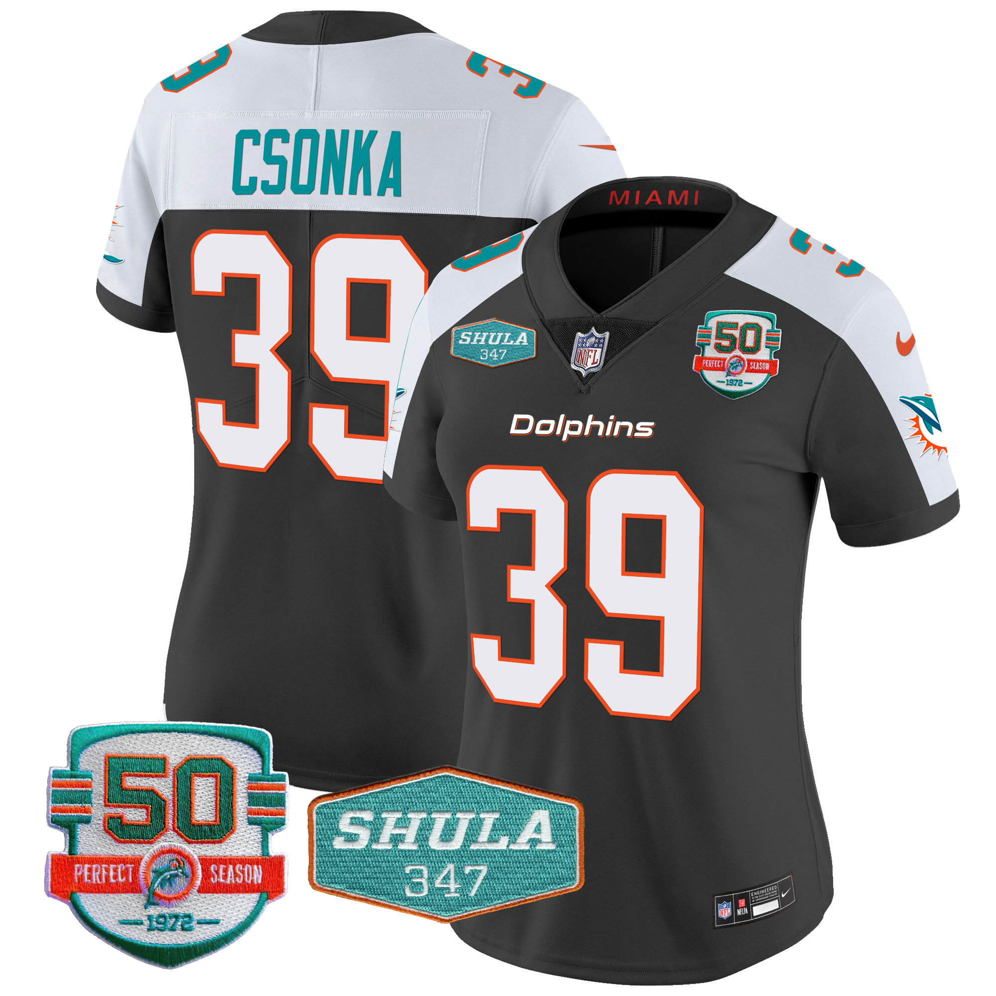 Larry Csonka Women's Miami Dolphins Shula 347 Patch Vapor Black Alternate Jersey - All Stitched