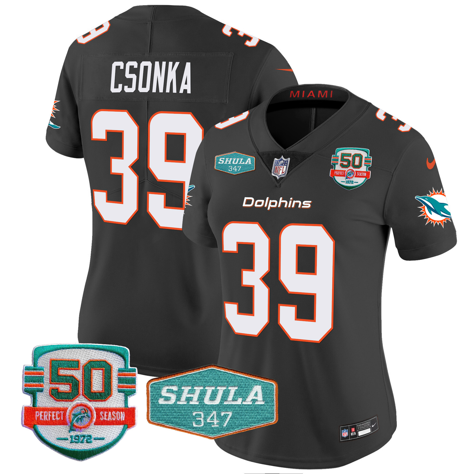 Larry Csonka Women's Miami Dolphins Shula 347 Patch Vapor Black Jersey - All Stitched