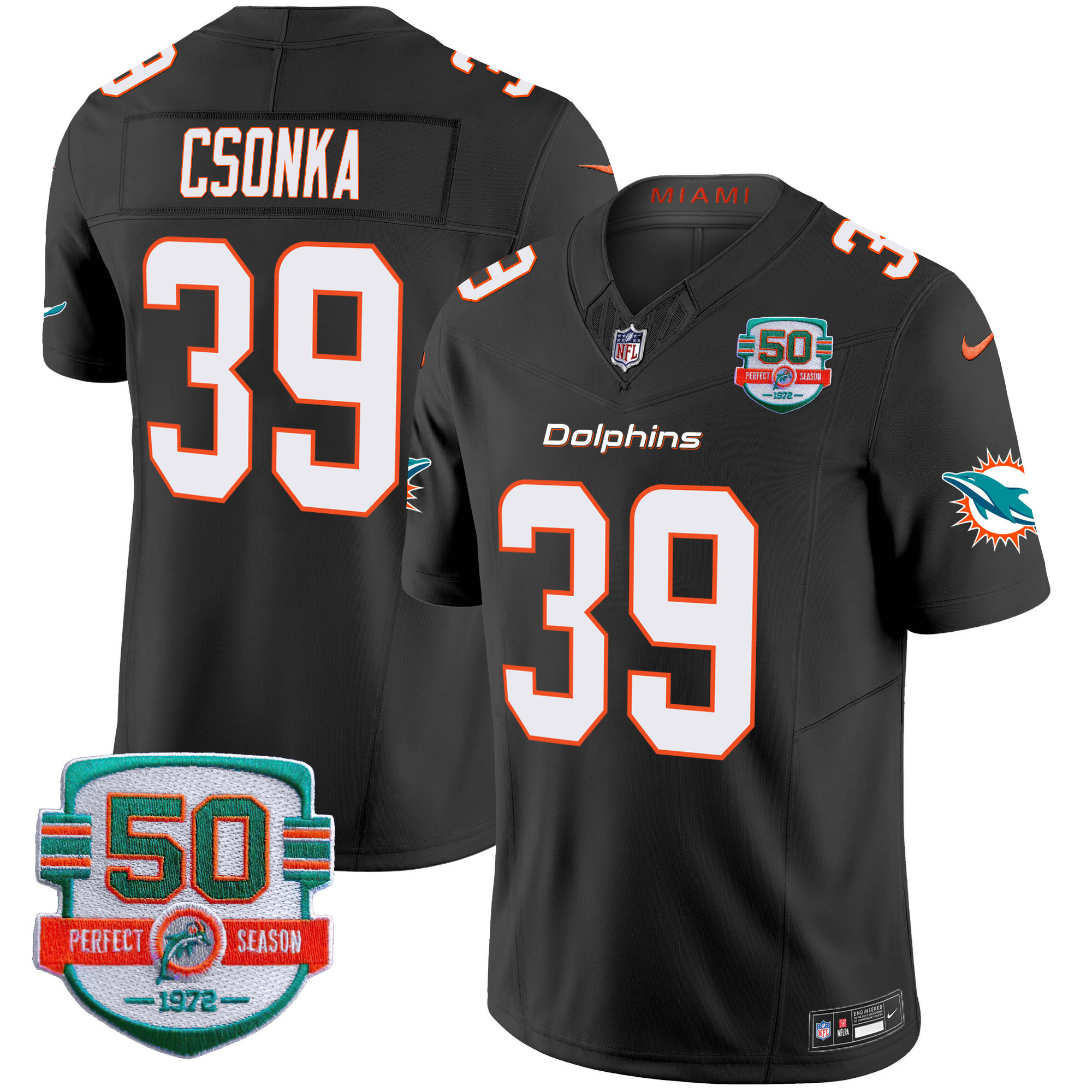 Larry Csonka Youth's Miami Dolphins 50th 1972 Perfect Season Patch Vapor Black Jersey - All Stitched