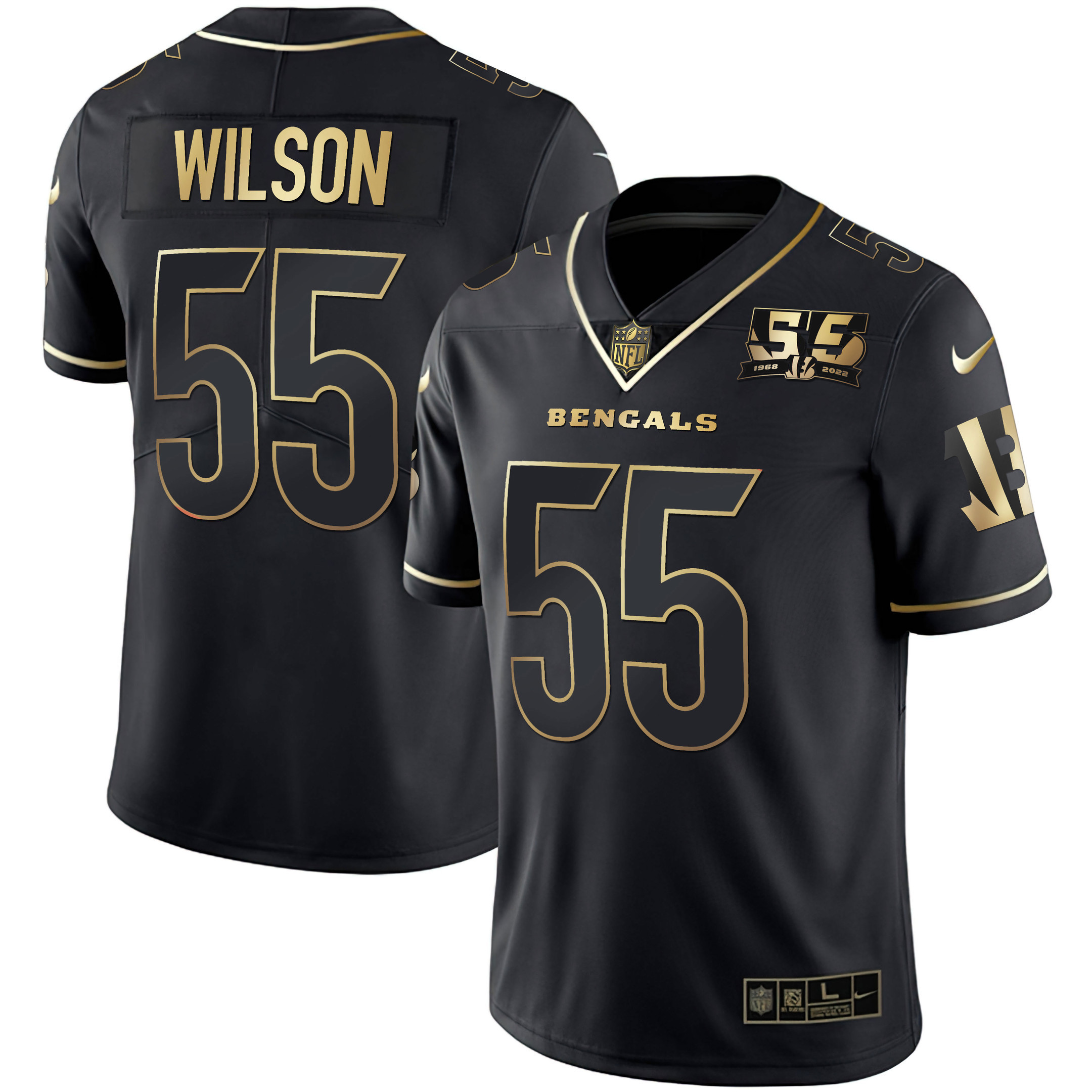 Logan Wilson Men's Cincinnati Bengals 55th 1968 - 2022 Anniversary Patch White Gold & Black Gold Black Gold Jersey - All Stitched