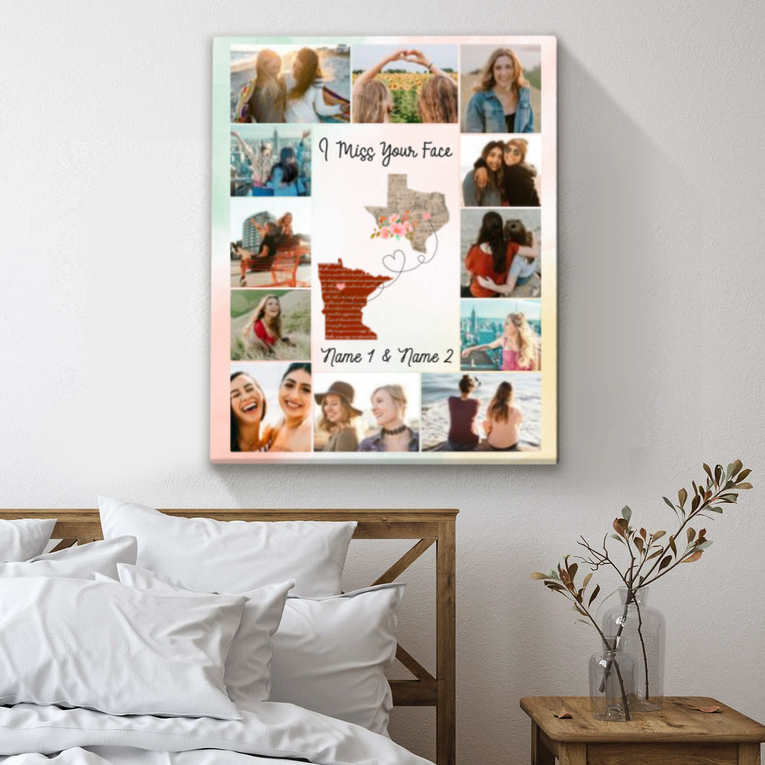 Long Distance State To State Gift, Personalized Long Distance Friendship Canvas, Photo Collage Gifts For Friend, Long Distance Best Friend Gifts