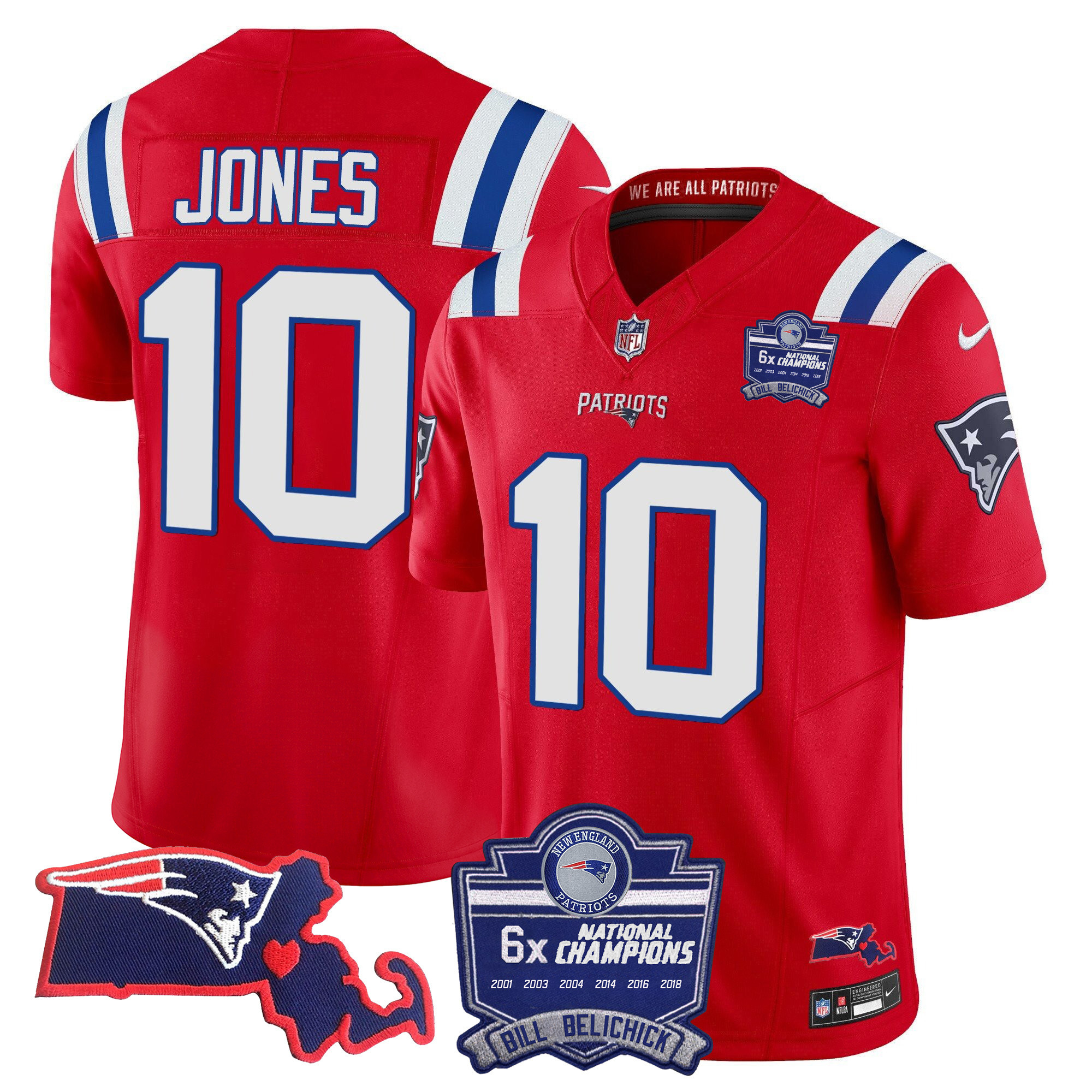 Mac Jones Men's New England Patriots Bill Belichick 6x Champions Patch Vapor Red Jersey - All Stitched
