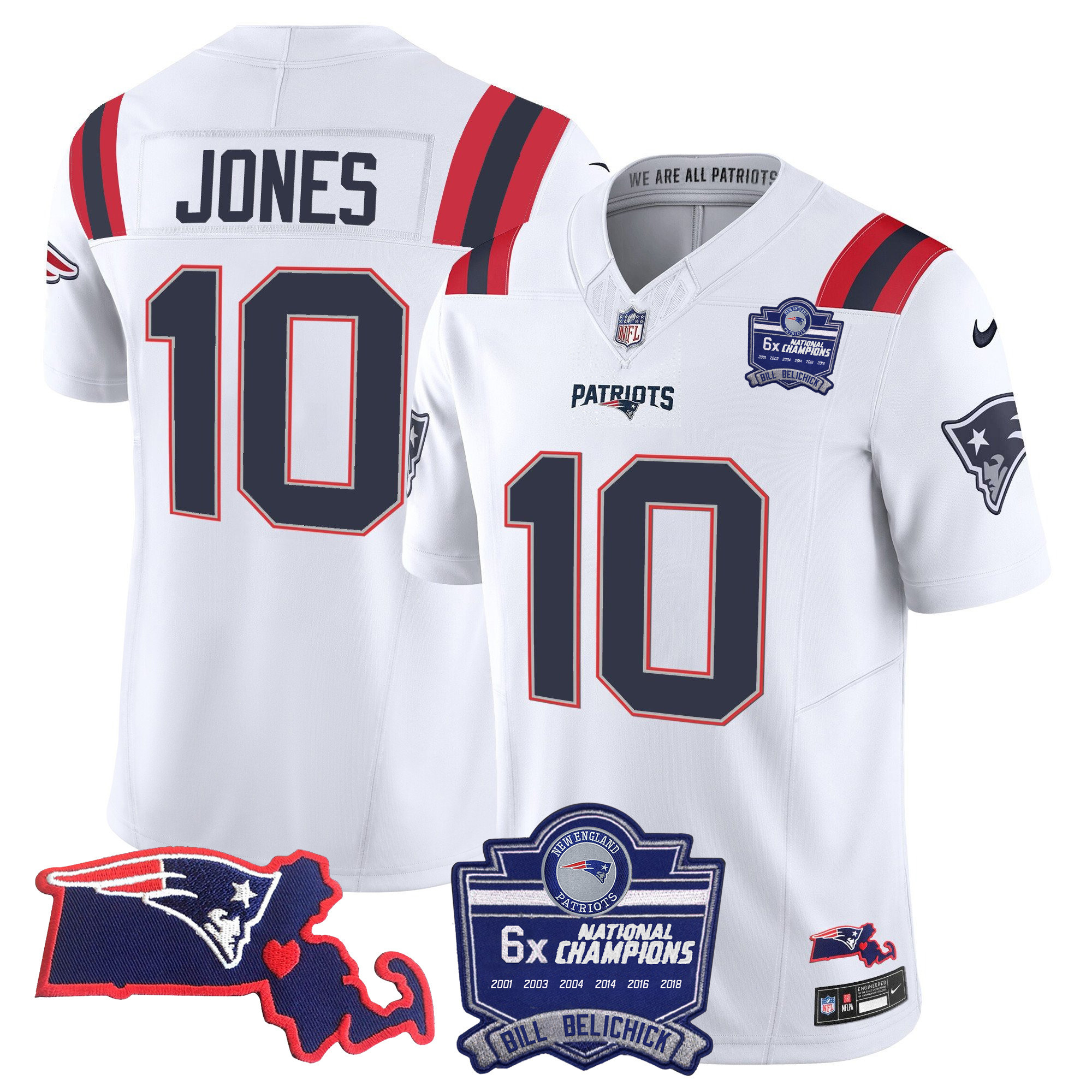 Mac Jones Men's New England Patriots Bill Belichick 6x Champions Patch Vapor White Jersey - All Stitched