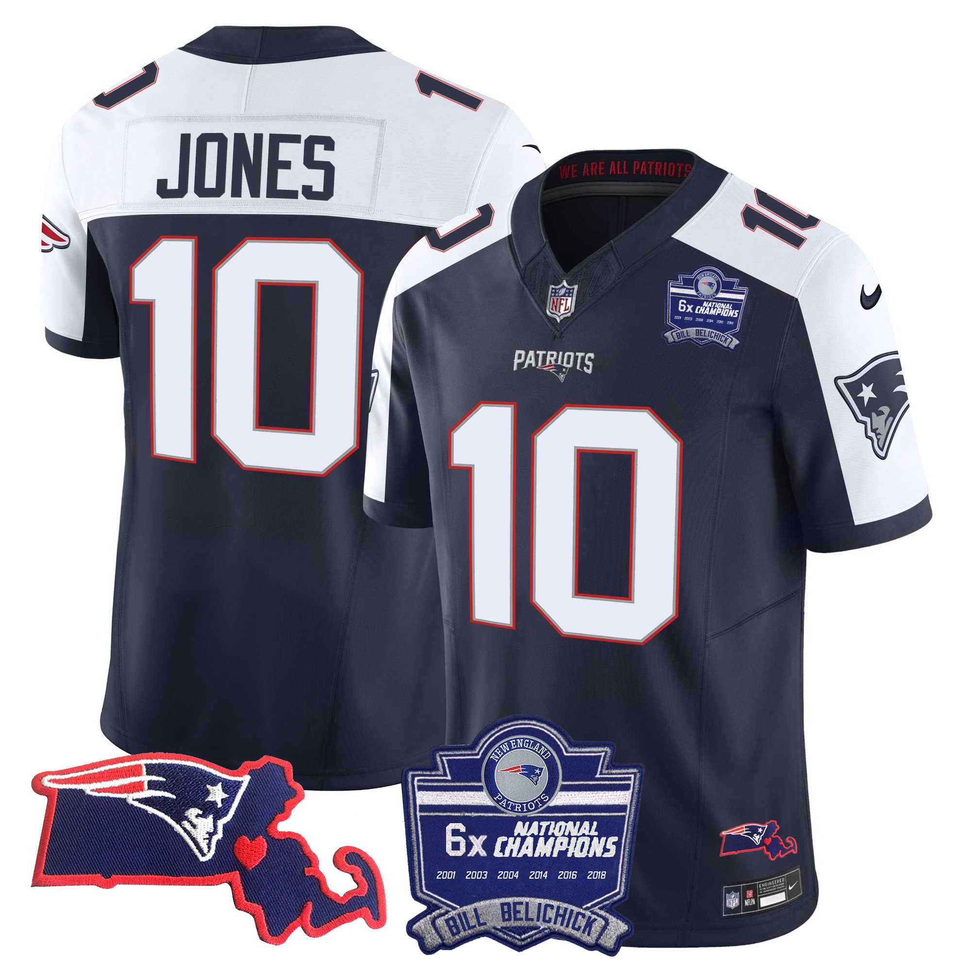 Mac Jones Women's New England Patriots Bill Belichick 6x Champions Patch Vapor Alternate Jersey - All Stitched