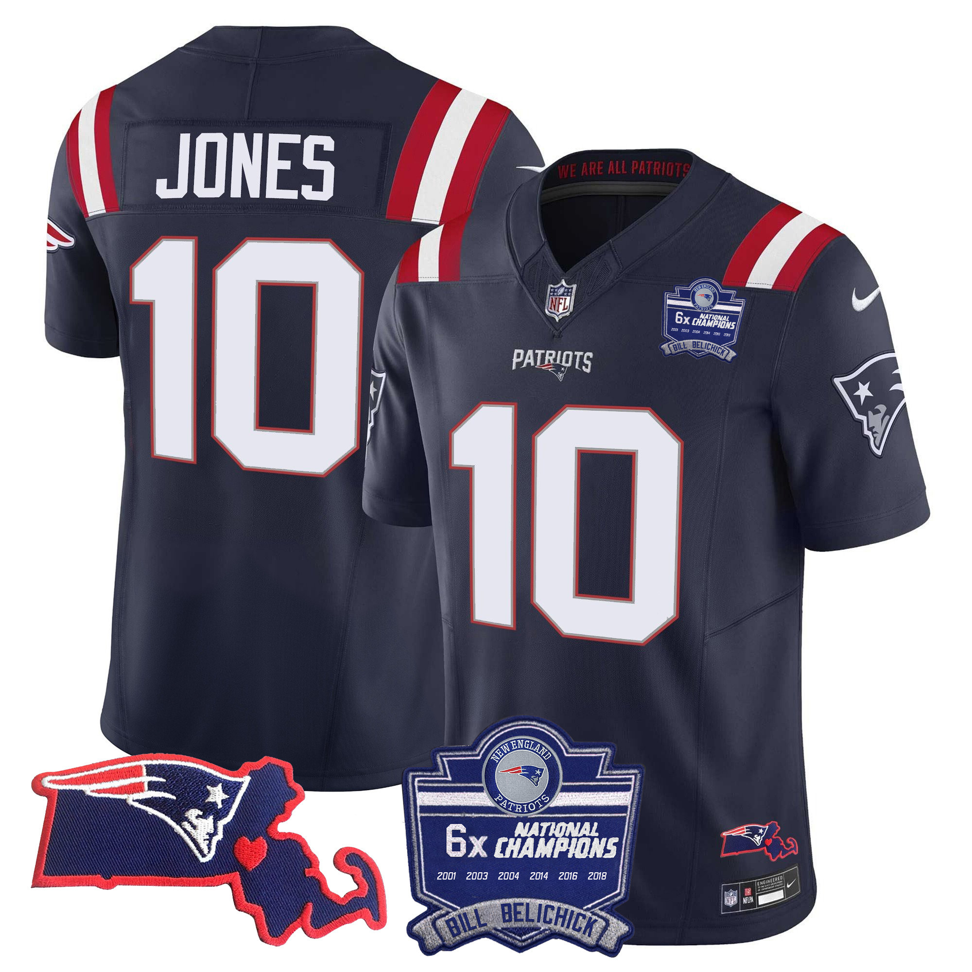 Mac Jones Women's New England Patriots Bill Belichick 6x Champions Patch Vapor Navy Jersey - All Stitched
