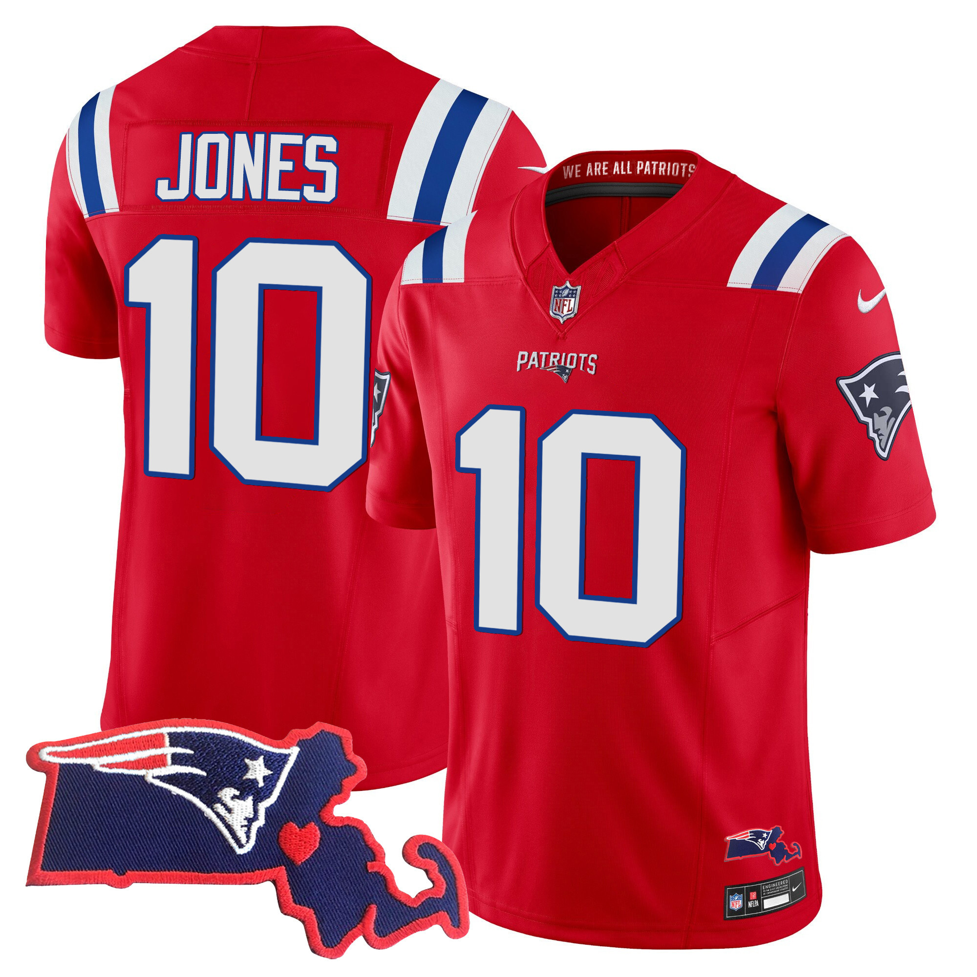 Mac Jones Women's New England Patriots Massachusetts Patch Vapor Red Jersey - All Stitched