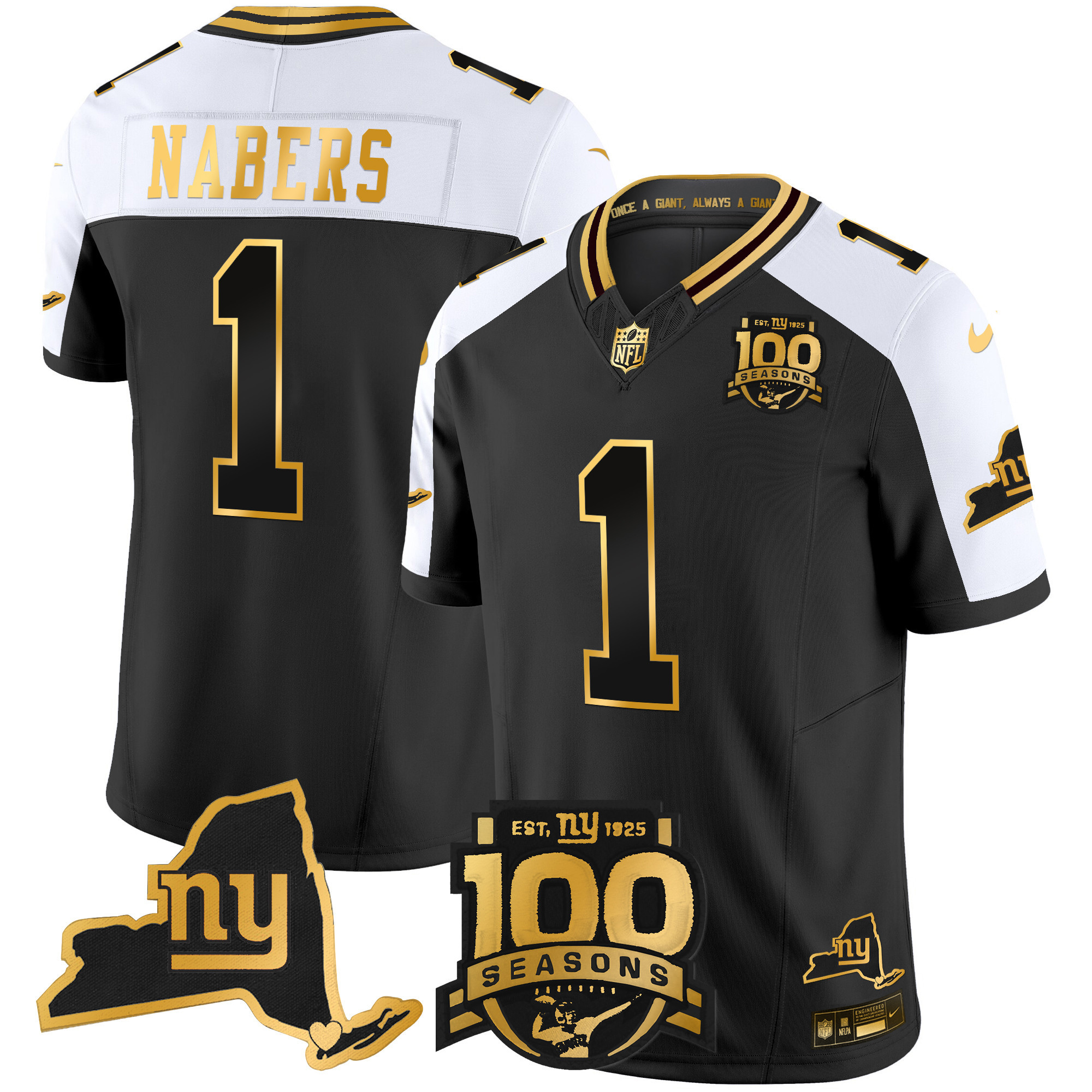 Malik Nabers Men's New York Giants 100th Season & State Patch Gold Vapor Limited Alternate Jersey - All Stitched