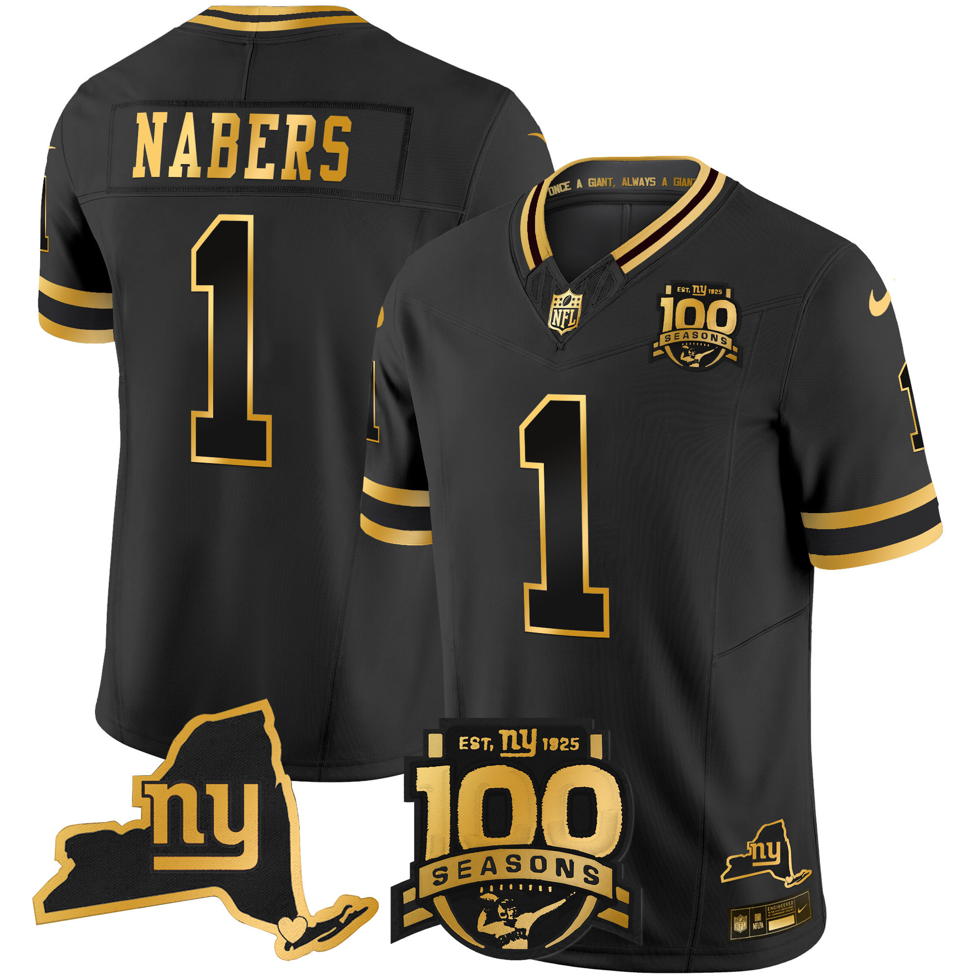 Malik Nabers Men's New York Giants 100th Season & State Patch Gold Vapor Limited Black Gold Jersey - All Stitched