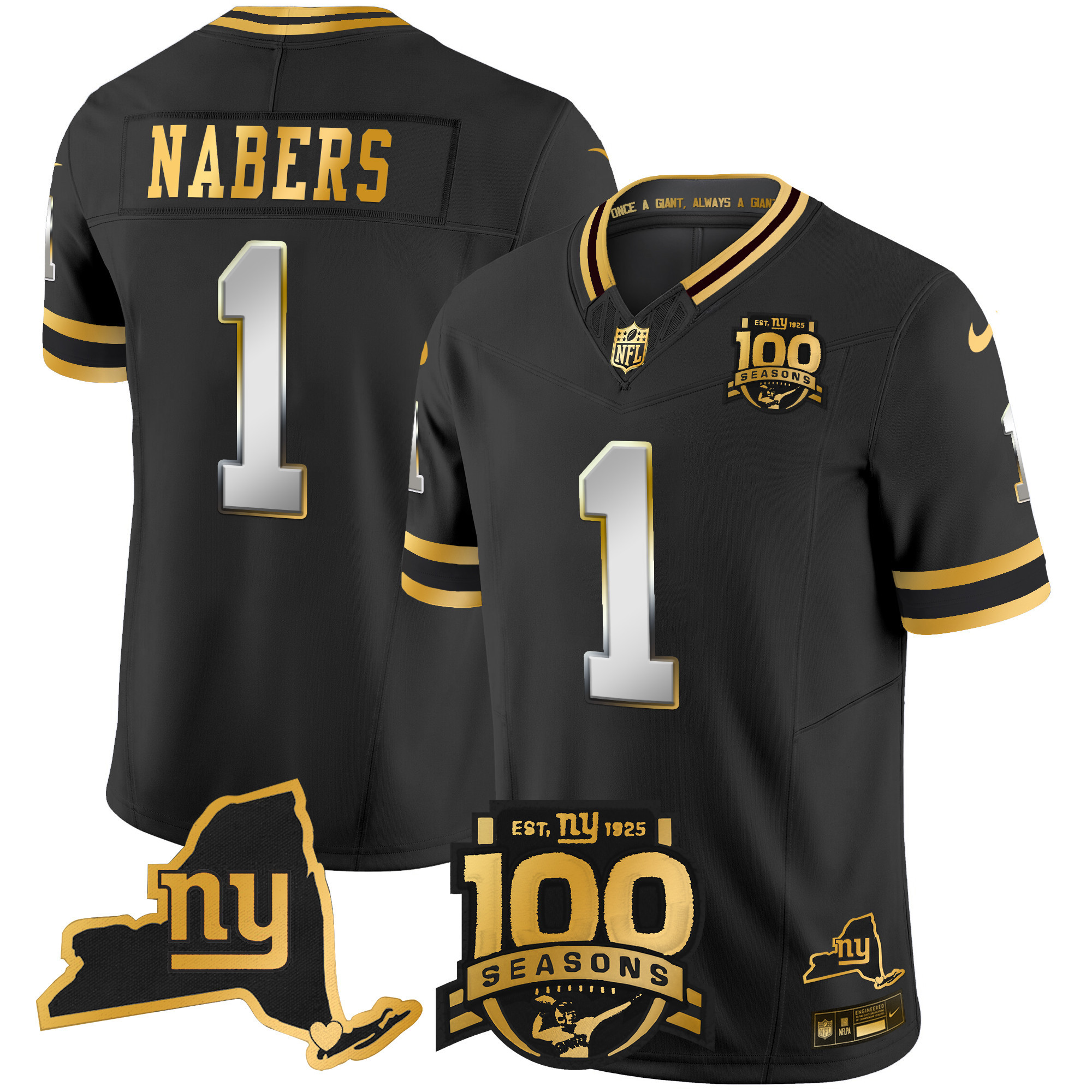 Malik Nabers Men's New York Giants 100th Season & State Patch Gold Vapor Limited Black Limited Jersey - All Stitched