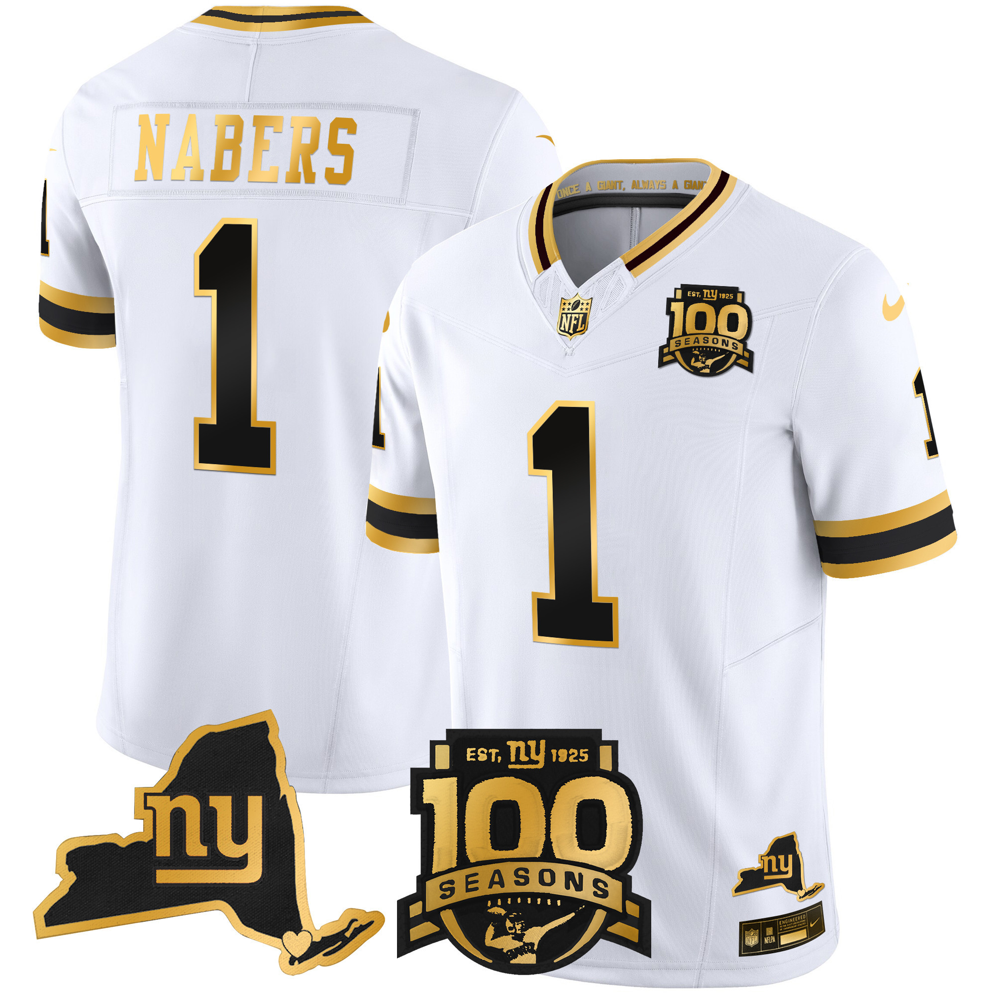 Malik Nabers Men's New York Giants 100th Season & State Patch Gold Vapor Limited White Gold Jersey - All Stitched