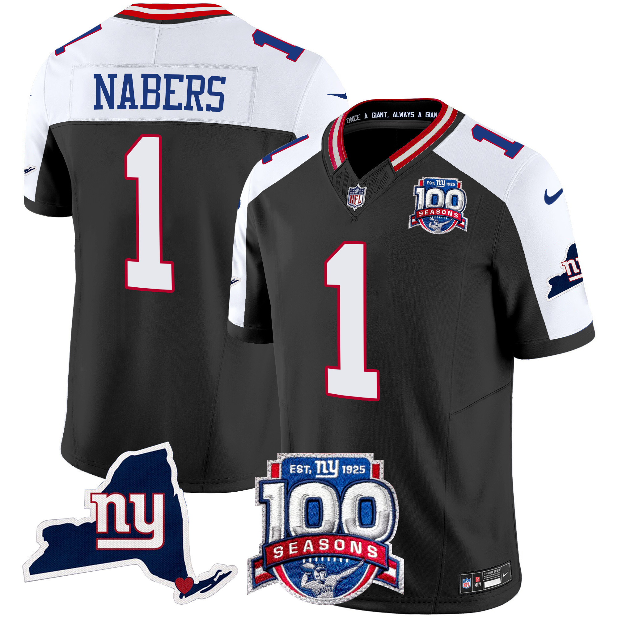 Malik Nabers Men's New York Giants 100th Season & State Patch Vapor Limited Black Alternate Jersey - All Stitched
