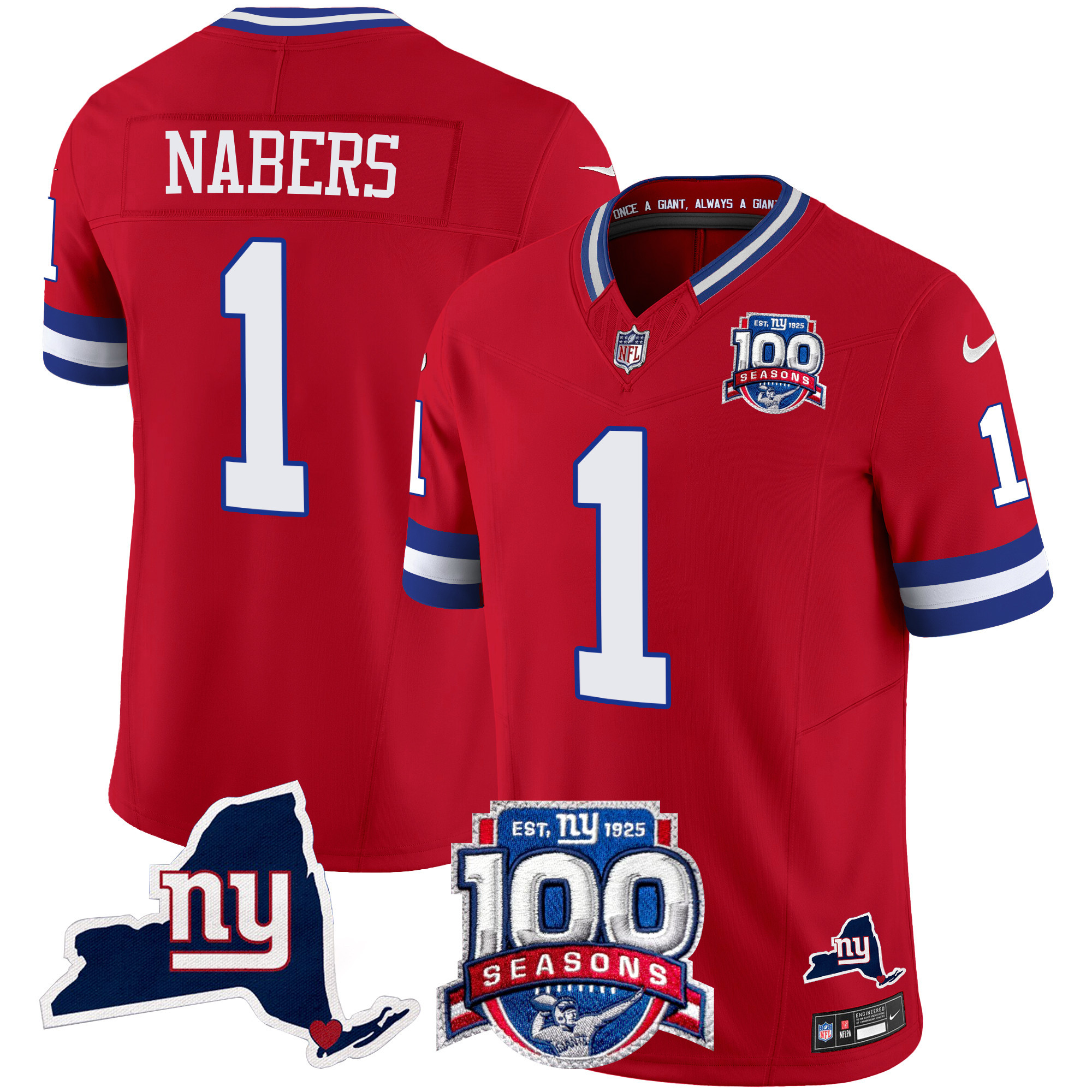 Malik Nabers Men's New York Giants 100th Season & State Patch Vapor Limited Red Jersey - All Stitched