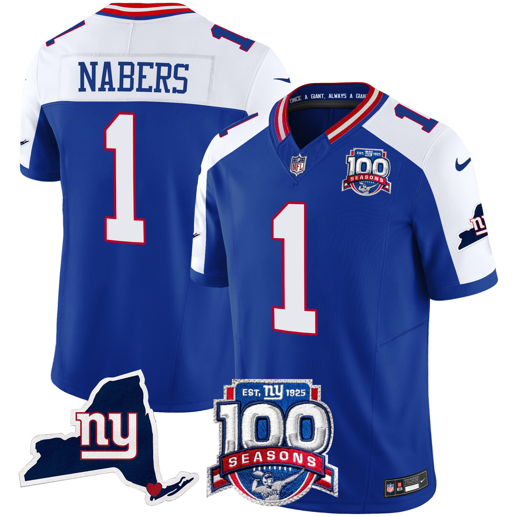 Malik Nabers Men's New York Giants 100th Season & State Patch Vapor Limited Royal Alternate Jersey - All Stitched