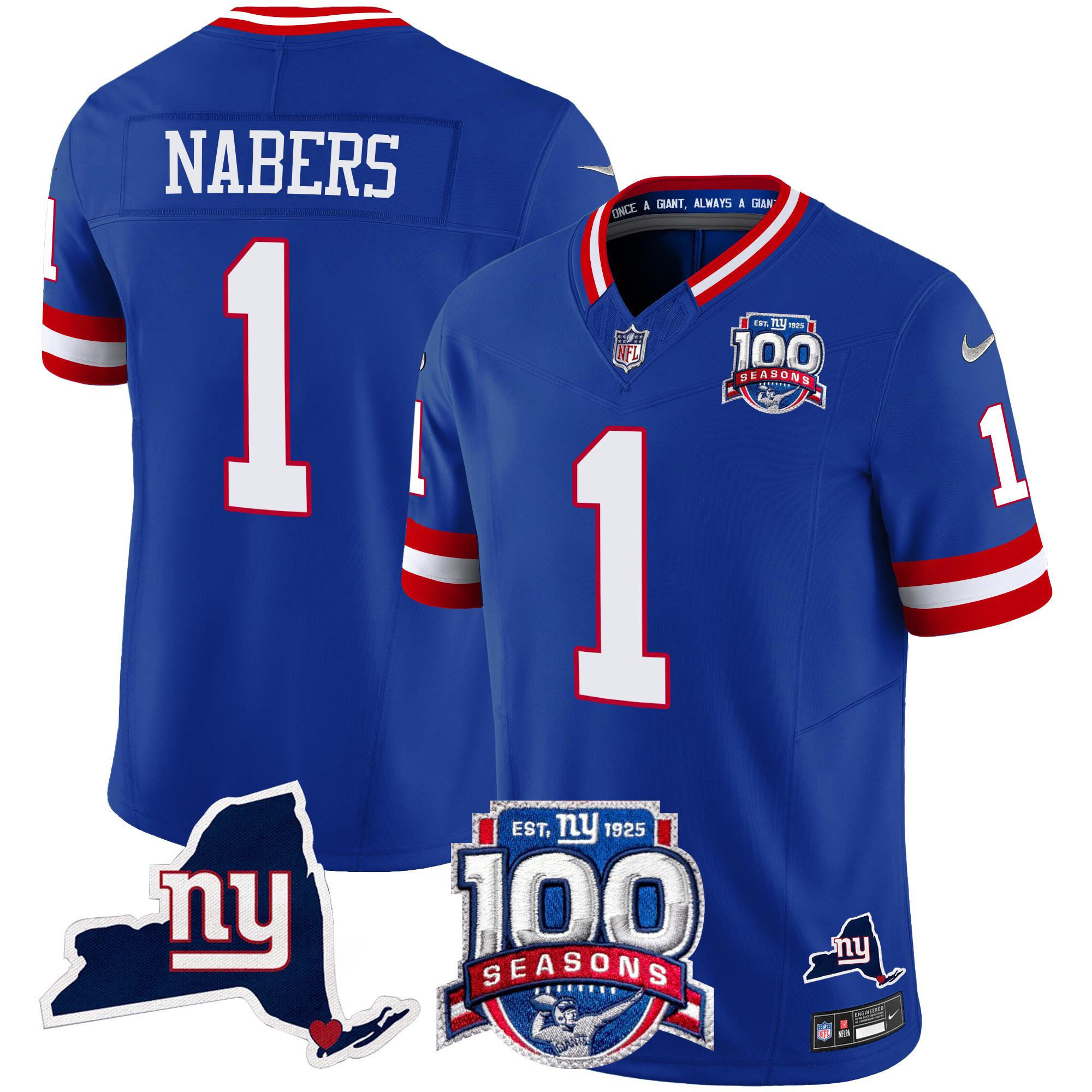 Malik Nabers Men's New York Giants 100th Season & State Patch Vapor Limited Royal Jersey - All Stitched
