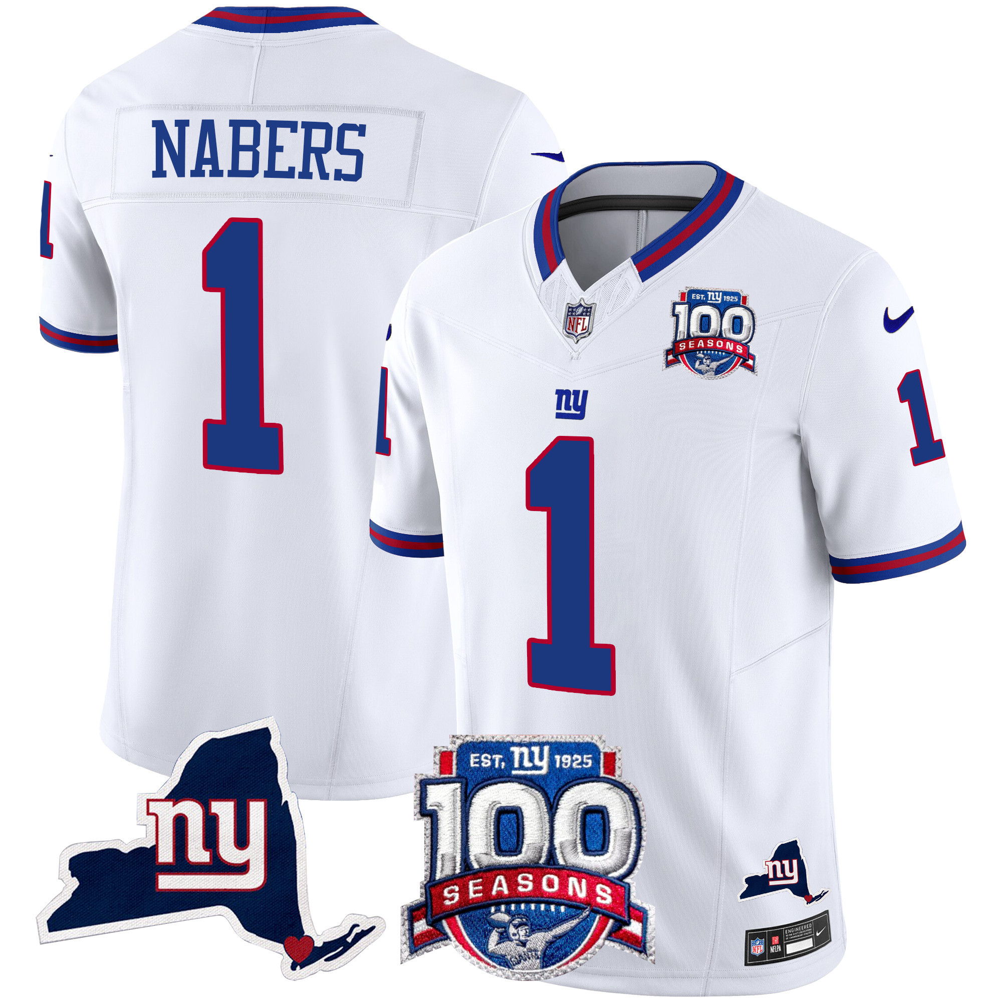 Malik Nabers Men's New York Giants 100th Season & State Patch Vapor Limited White Jersey - All Stitched