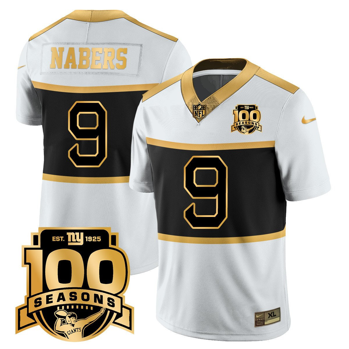 Malik Nabers Men's New York Giants 'Century Red' 100th Season Commemorative Gold Vapor White Gold Jersey - All Stitched