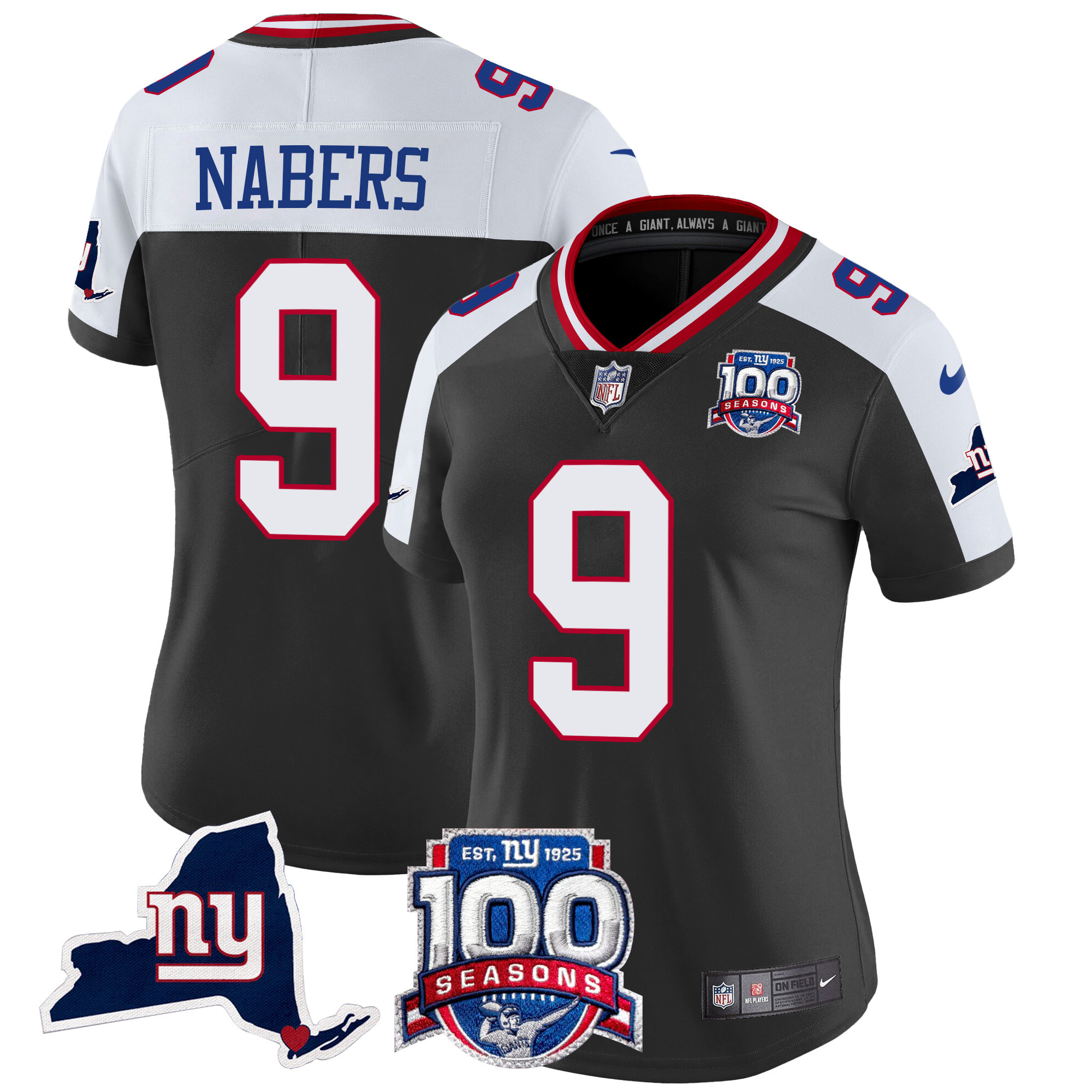 Malik Nabers Women's New York Giants 100th Season & State Patch Vapor Limited Black Alternate Jersey - All Stitched