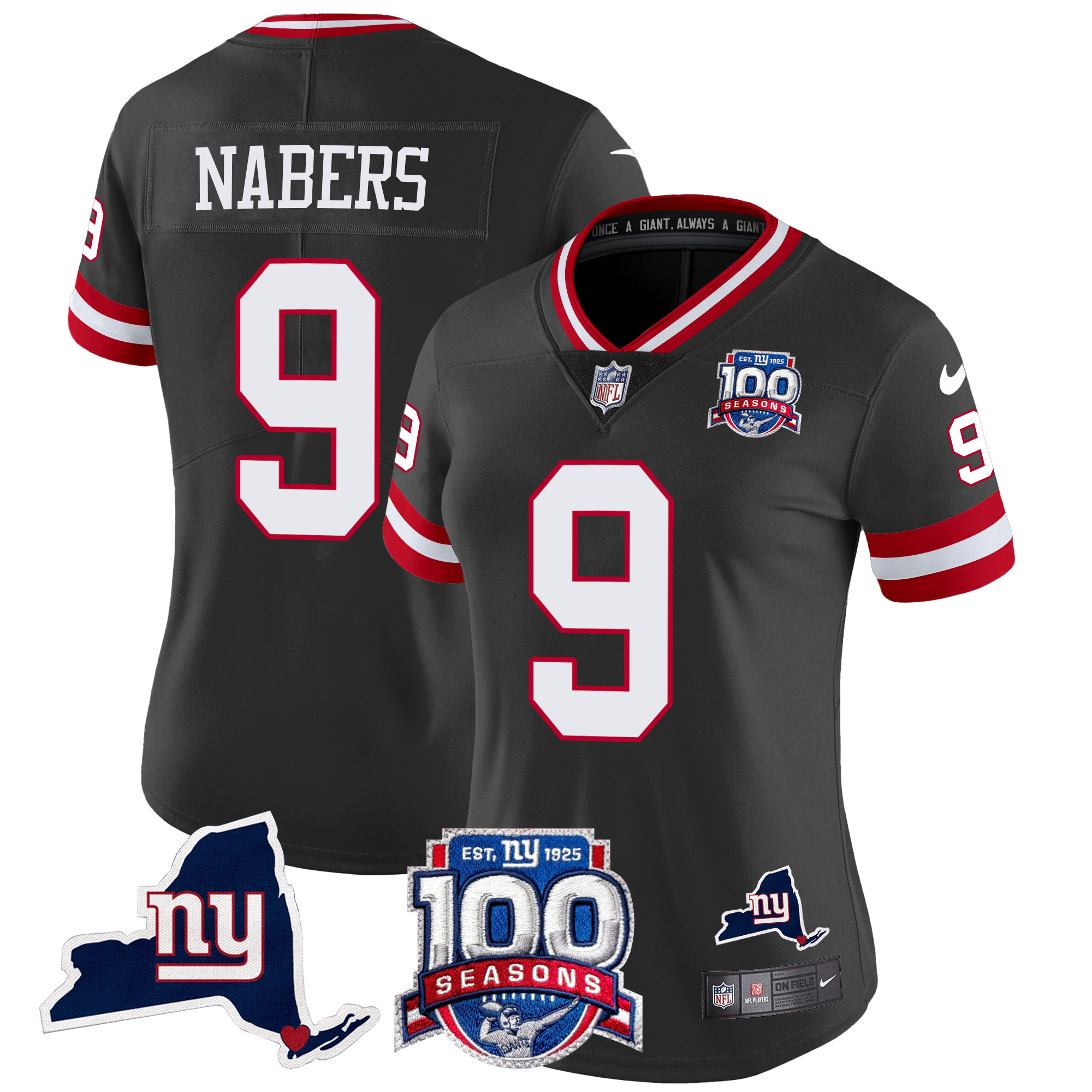 Malik Nabers Women's New York Giants 100th Season & State Patch Vapor Limited Black Jersey - All Stitched