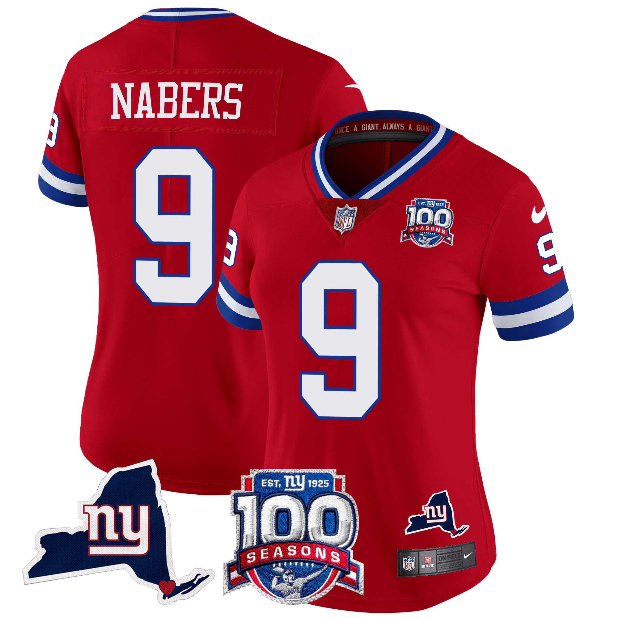 Malik Nabers Women's New York Giants 100th Season & State Patch Vapor Limited Red Jersey - All Stitched