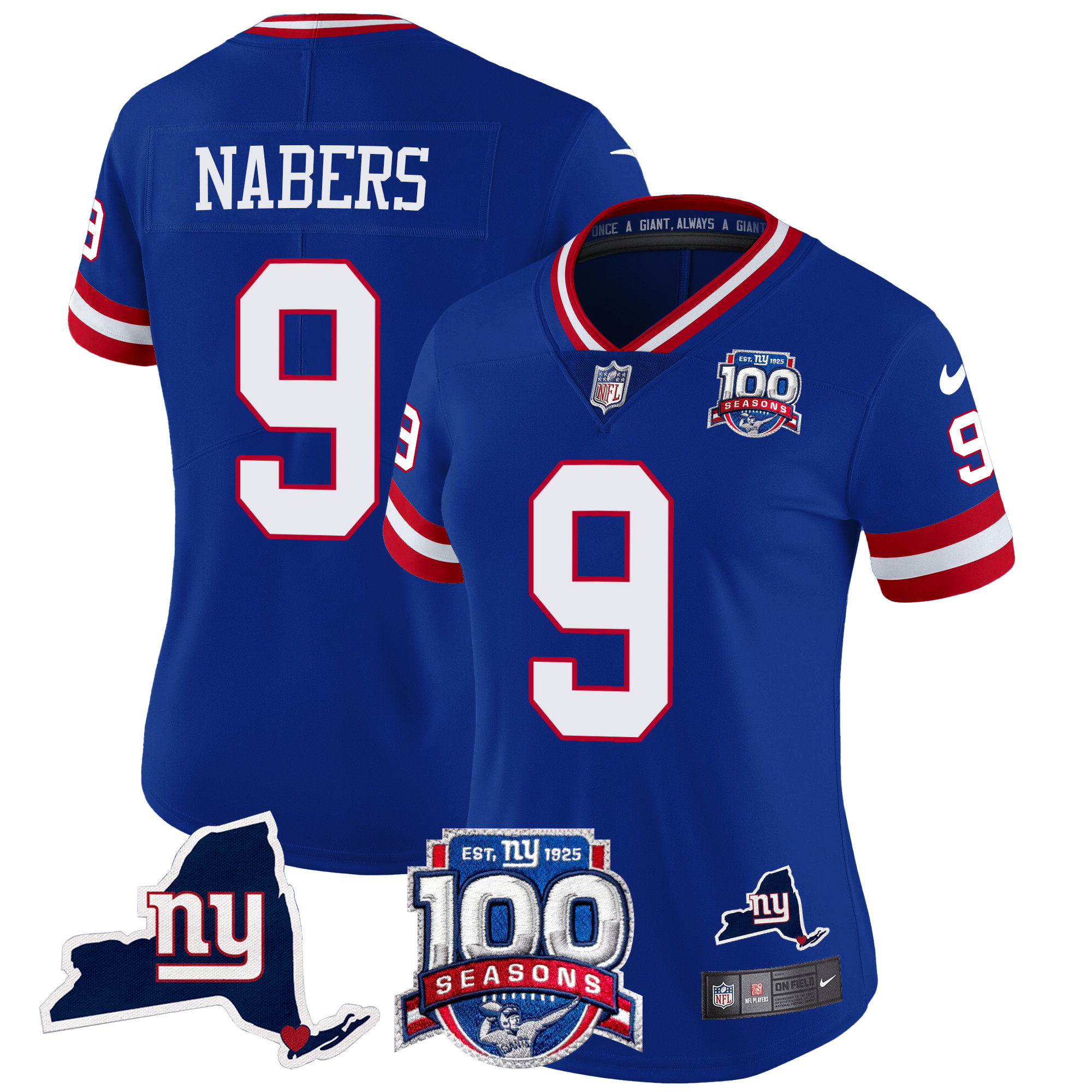 Malik Nabers Women's New York Giants 100th Season & State Patch Vapor Limited Royal Jersey - All Stitched