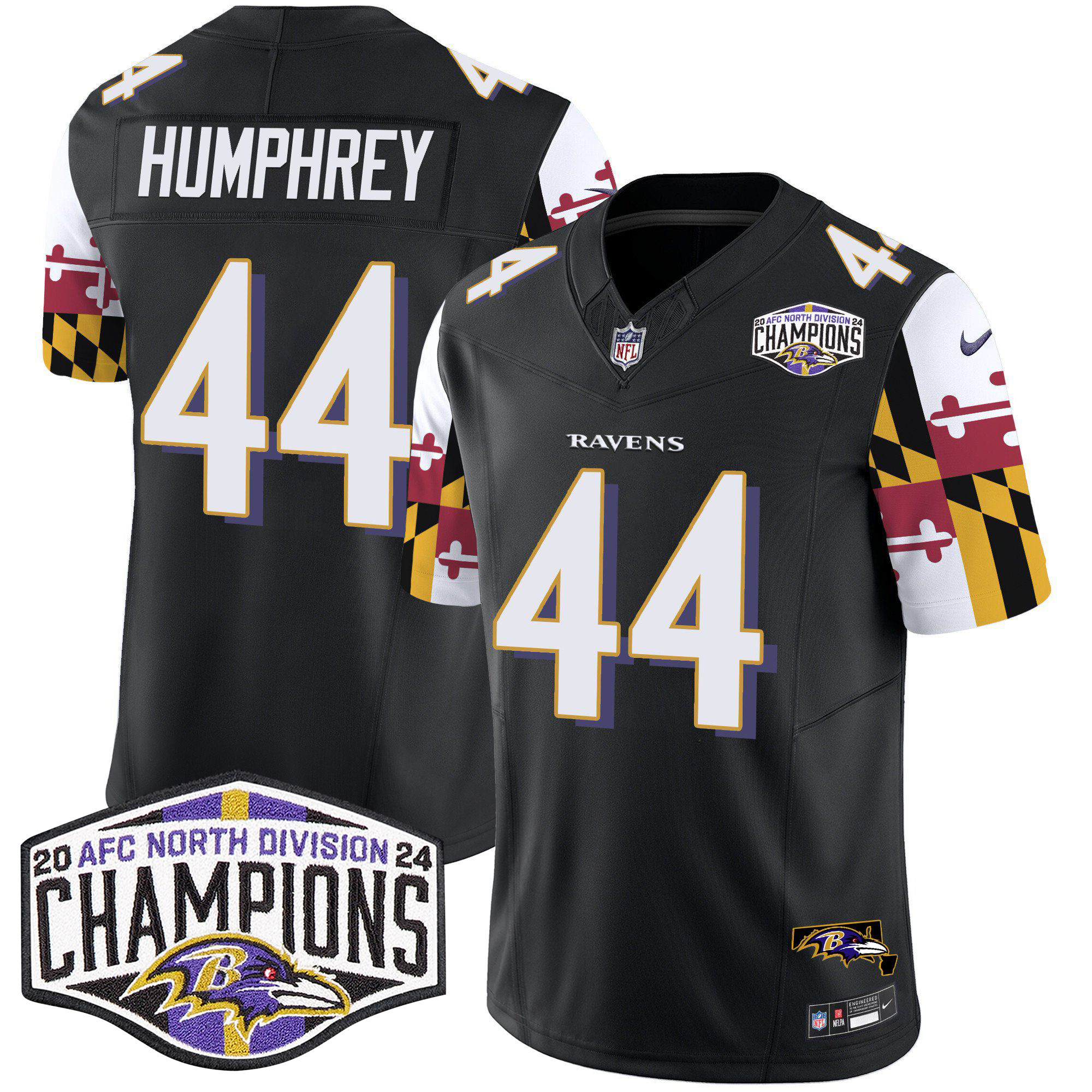 Marlon Humphrey Men's Baltimore Ravens Maryland Flag 2024 AFC North Division Champions Patch Vapor Limited Black Jersey - All Stitched