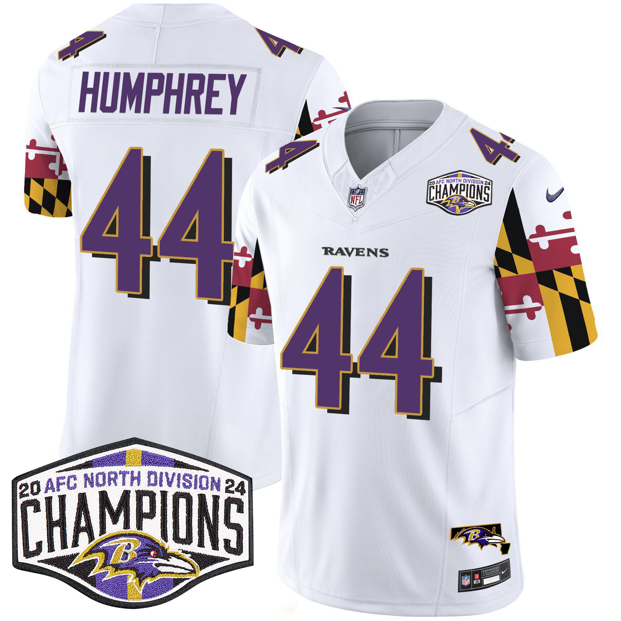 Marlon Humphrey Men's Baltimore Ravens Maryland Flag 2024 AFC North Division Champions Patch Vapor Limited White Jersey - All Stitched