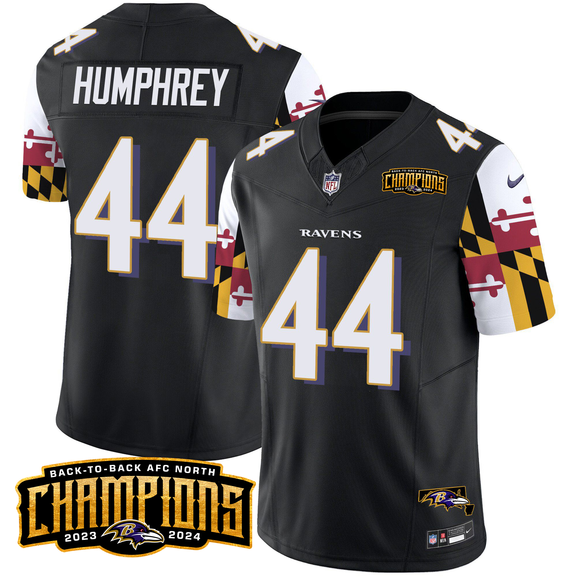 Marlon Humphrey Men's Baltimore Ravens Maryland Flag Back To Back AFC North Champions Patch Vapor Limited Black Jersey - All Stitched