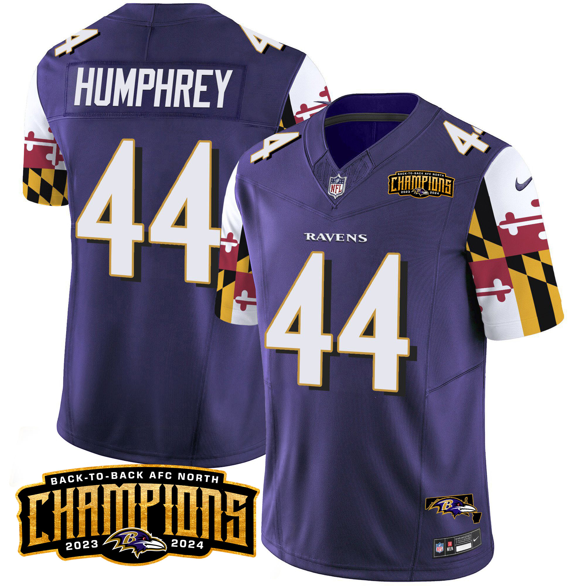 Marlon Humphrey Men's Baltimore Ravens Maryland Flag Back To Back AFC North Champions Patch Vapor Limited Purple Jersey - All Stitched