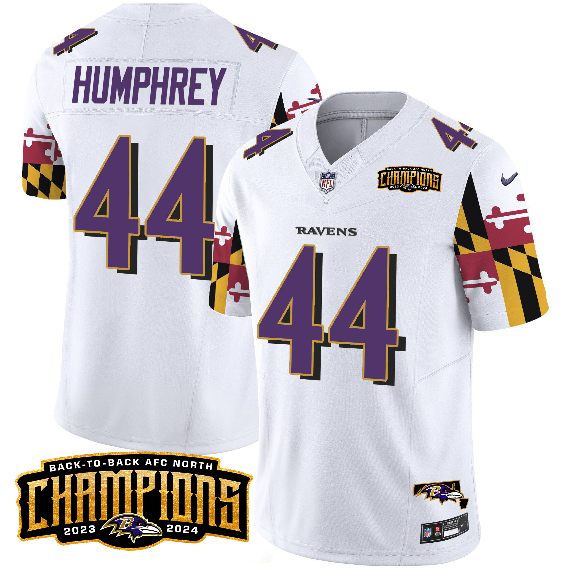 Marlon Humphrey Men's Baltimore Ravens Maryland Flag Back To Back AFC North Champions Patch Vapor Limited White Jersey - All Stitched