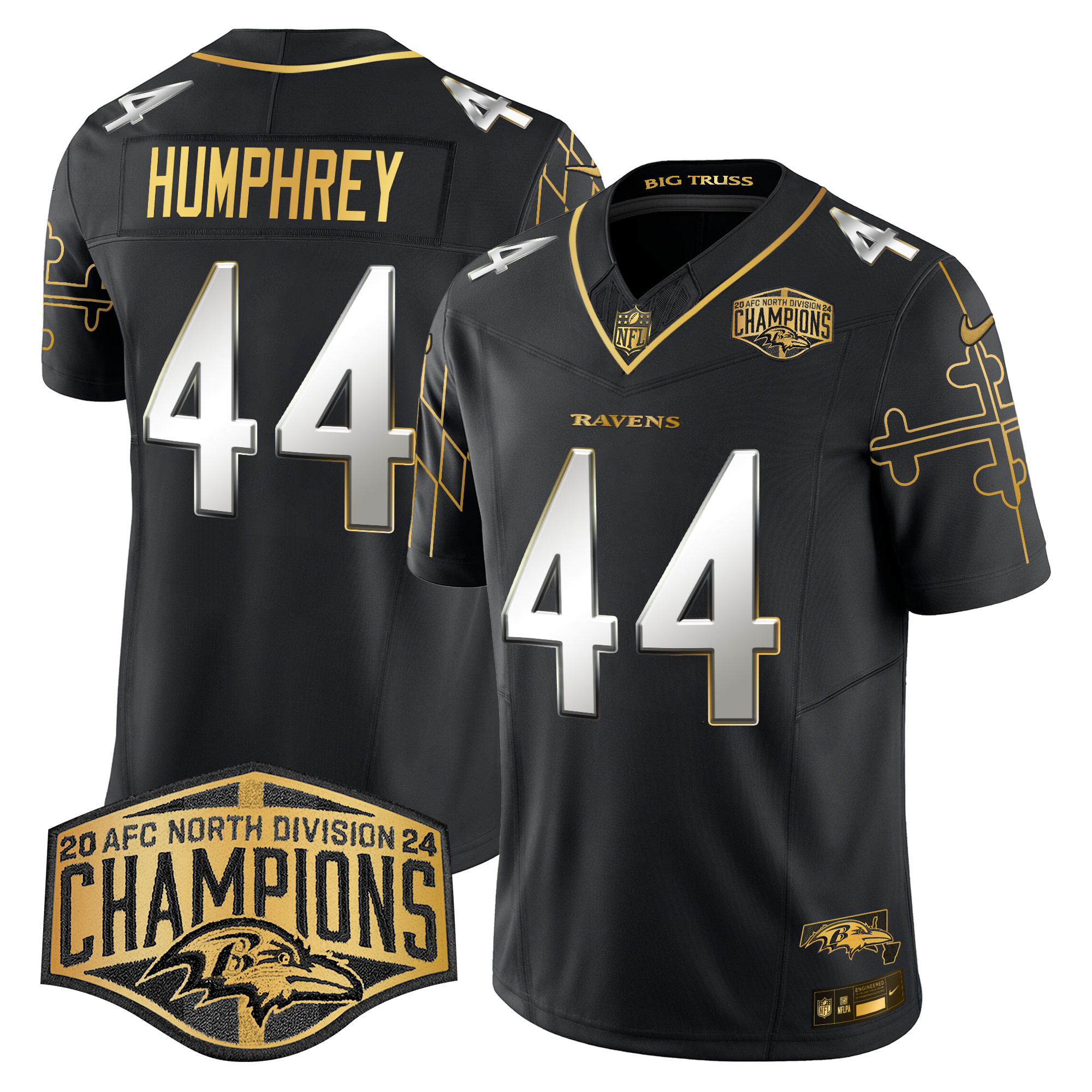 Marlon Humphrey Men's Baltimore Ravens Maryland Flag Map 2024 AFC North Division Champions Patch Gold Vapor Limited Black Limited Jersey - All Stitched
