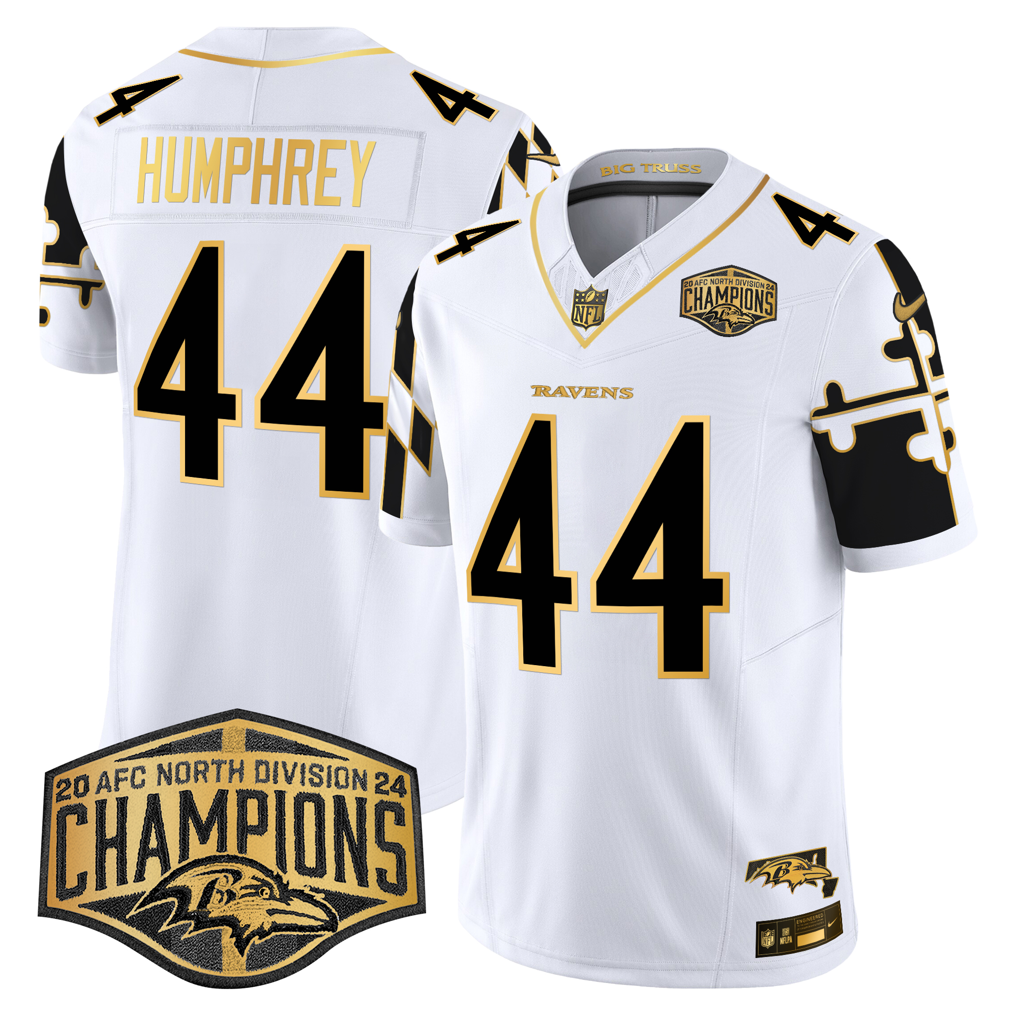 Marlon Humphrey Men's Baltimore Ravens Maryland Flag Map 2024 AFC North Division Champions Patch Gold Vapor Limited White Gold Jersey - All Stitched
