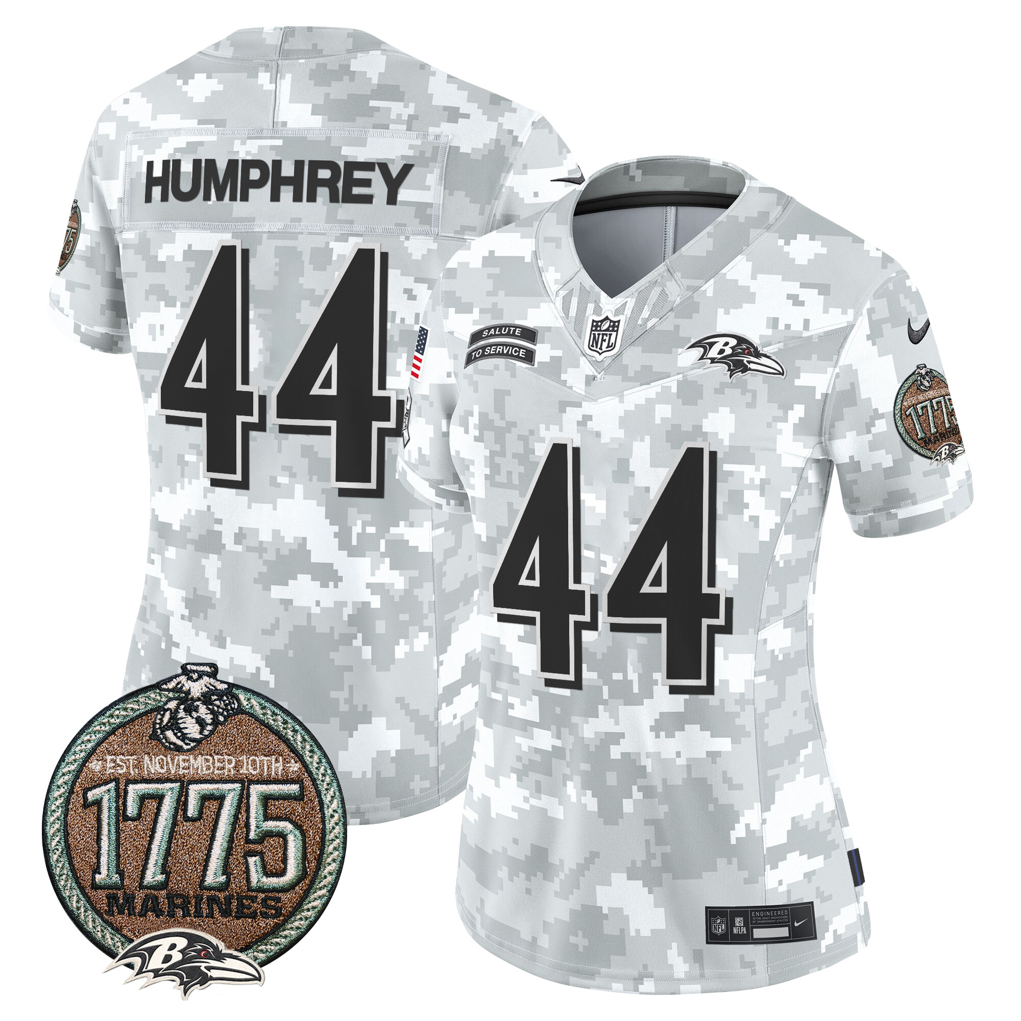 Marlon Humphrey Women's Baltimore Ravens 2024 Salute to Service Establishment Year Patch Vapor Limited Marines Jersey - All Stitched