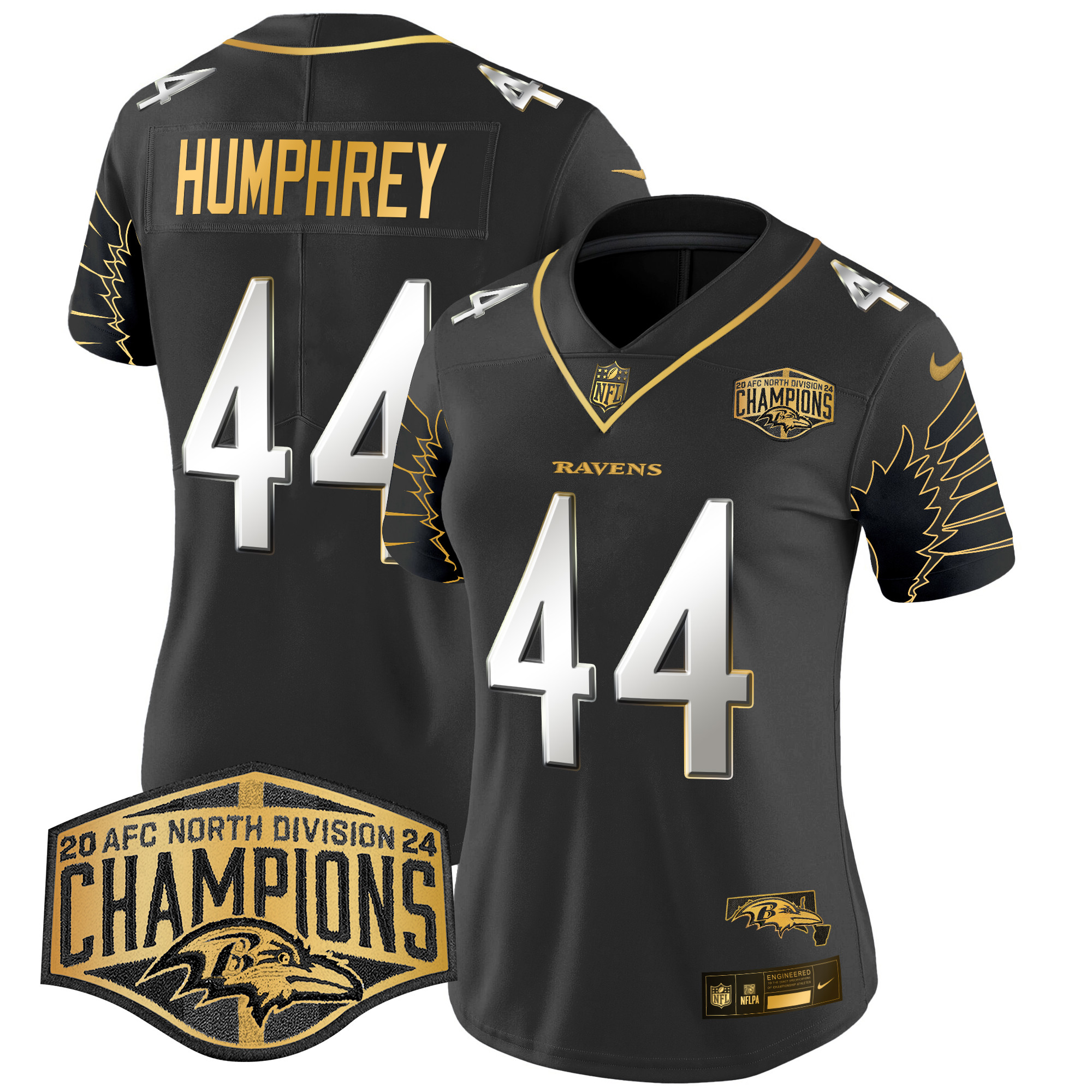 Marlon Humphrey Women's Baltimore Ravens Maryland 2024 AFC North Division Champions Patch Gold Vapor Limited Black Limited Jersey - All Stitched