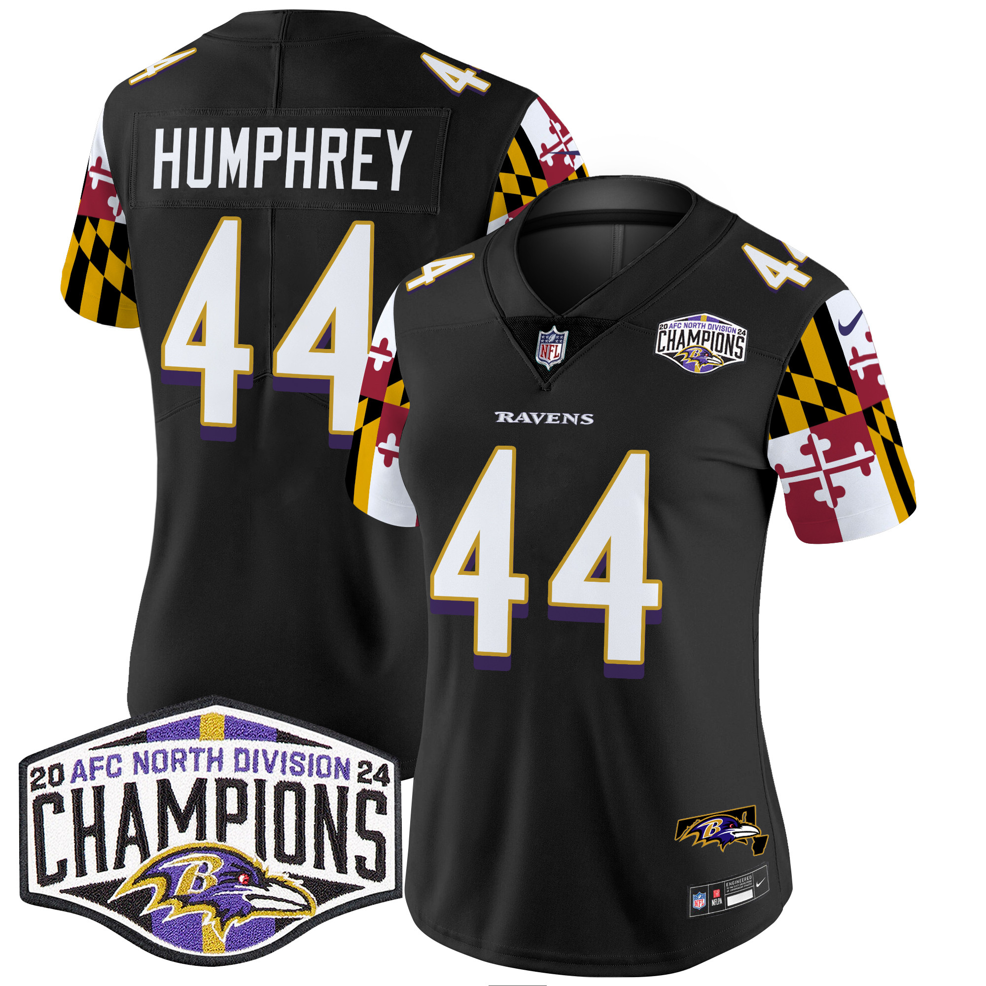 Marlon Humphrey Women's Baltimore Ravens Maryland Flag 2024 AFC North Division Champions Patch Vapor Limited Black Jersey - All Stitched