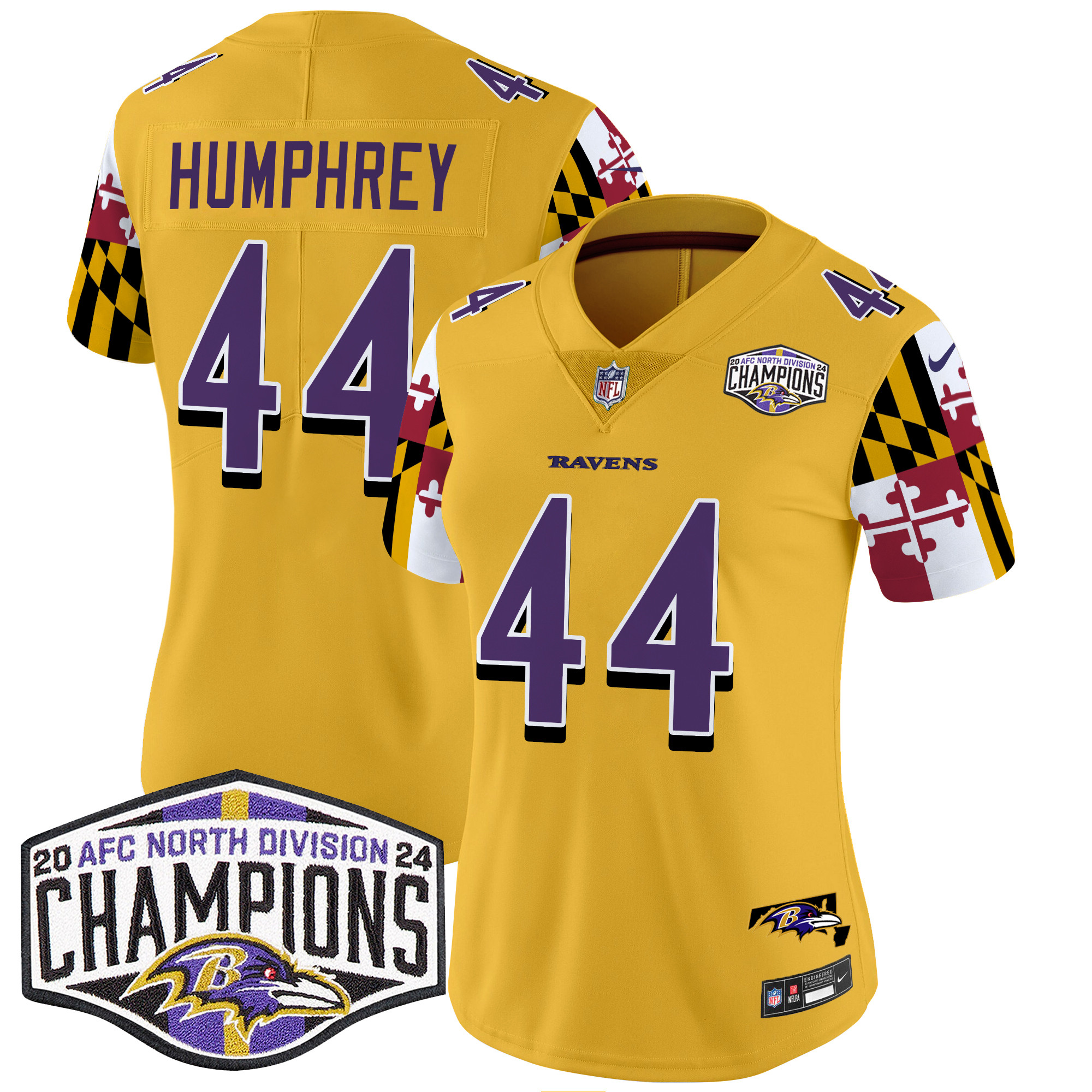 Marlon Humphrey Women's Baltimore Ravens Maryland Flag 2024 AFC North Division Champions Patch Vapor Limited Gold Jersey - All Stitched